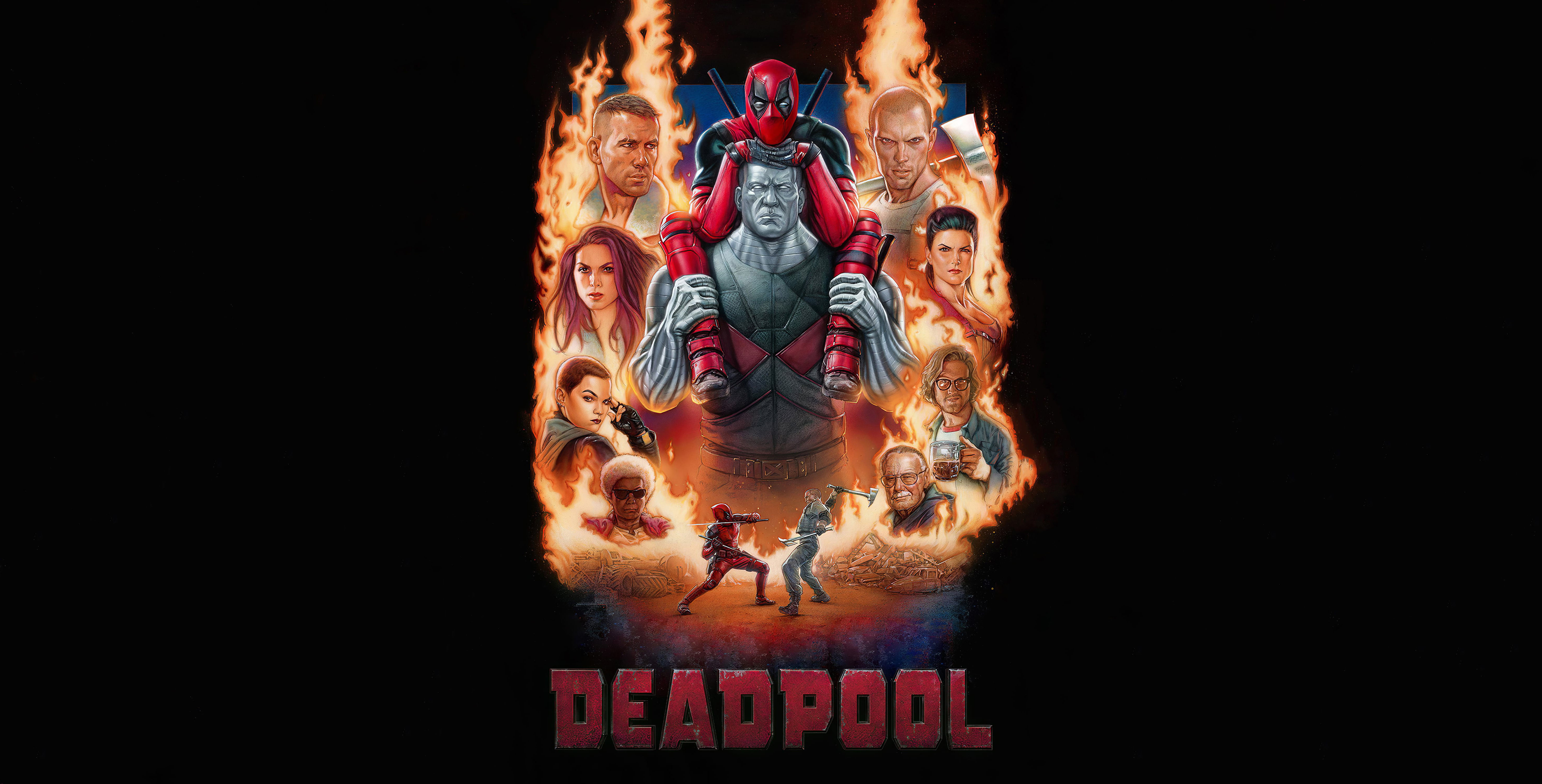 Deadpool characters in front of flames 4K HD Wallpaper