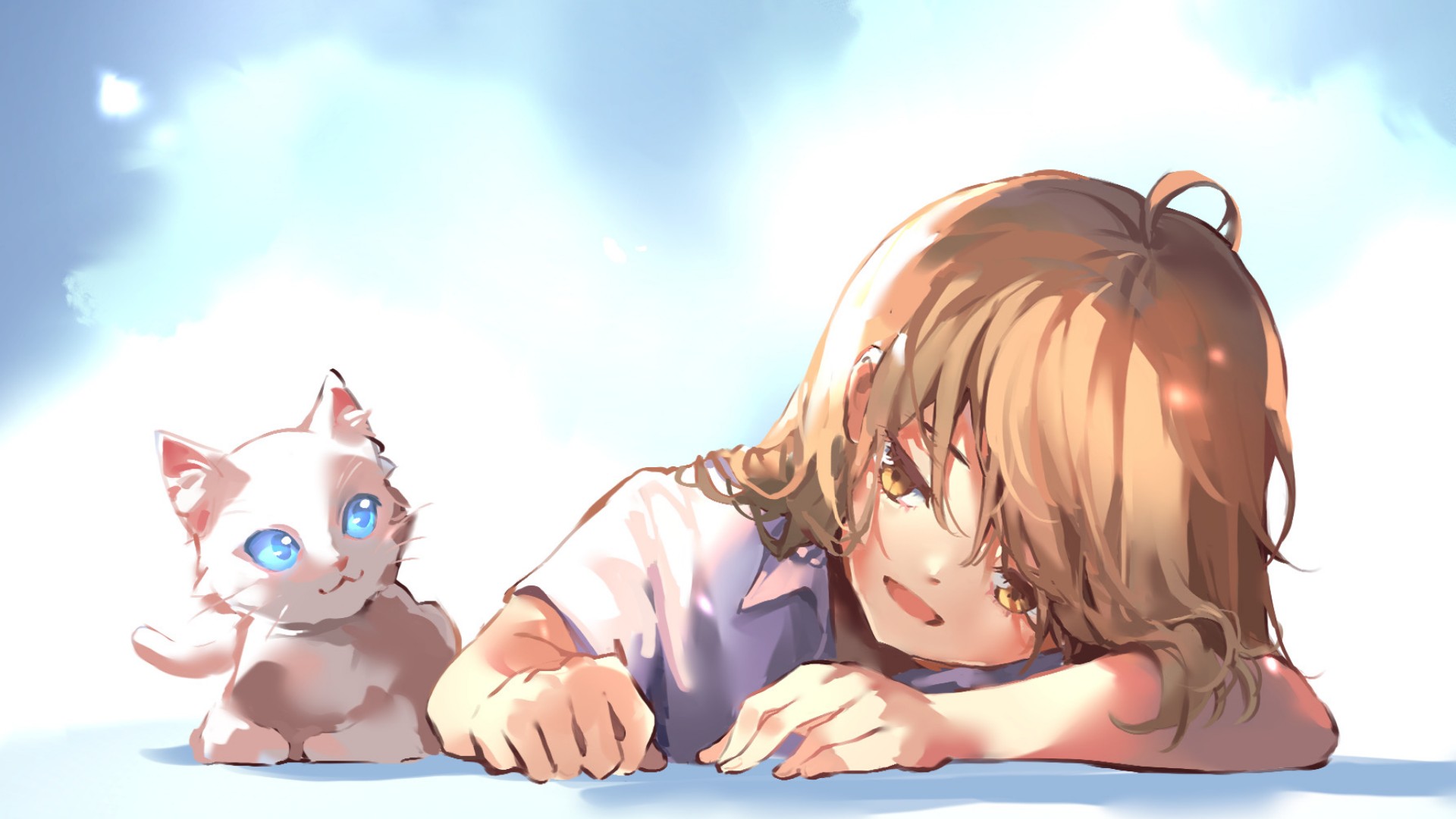 Girl and cat under the sky HD Wallpaper