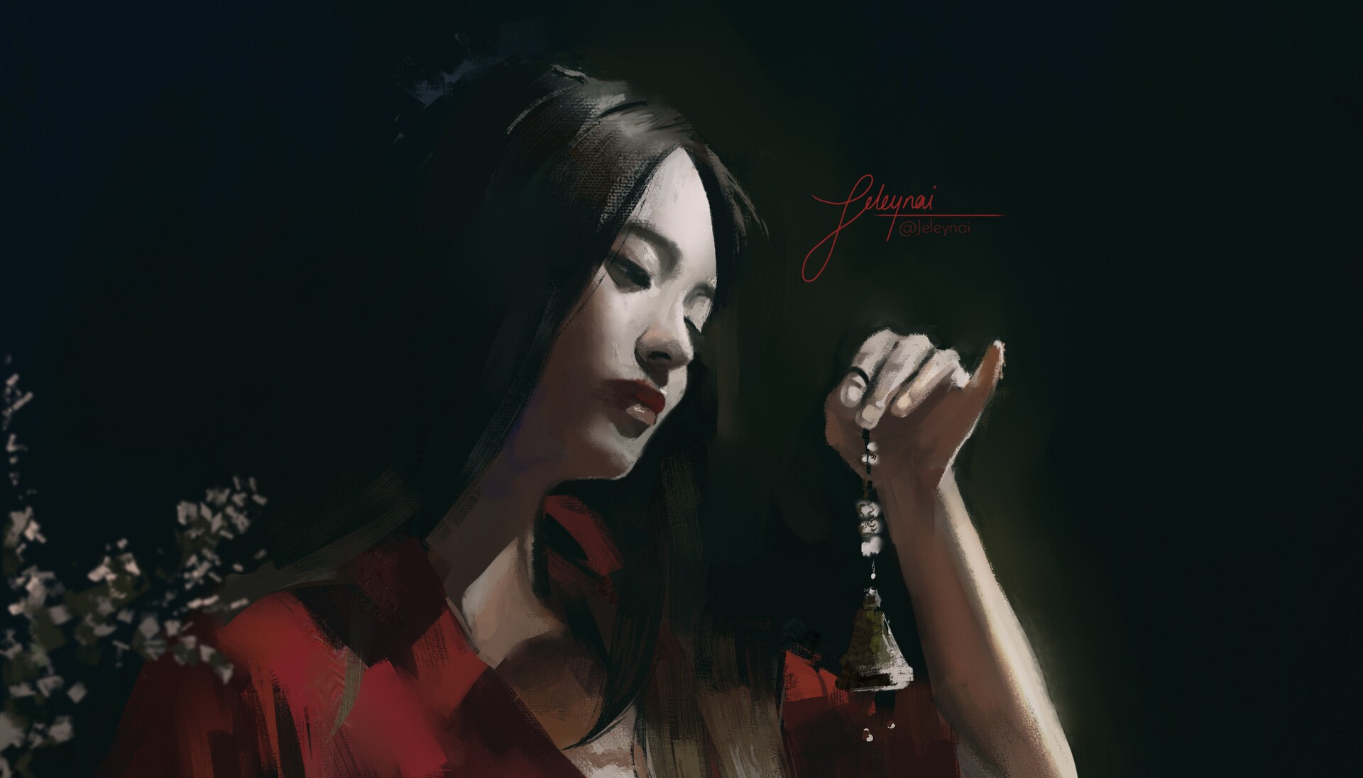 Painting of a Japanese woman holding a bell HD Wallpaper