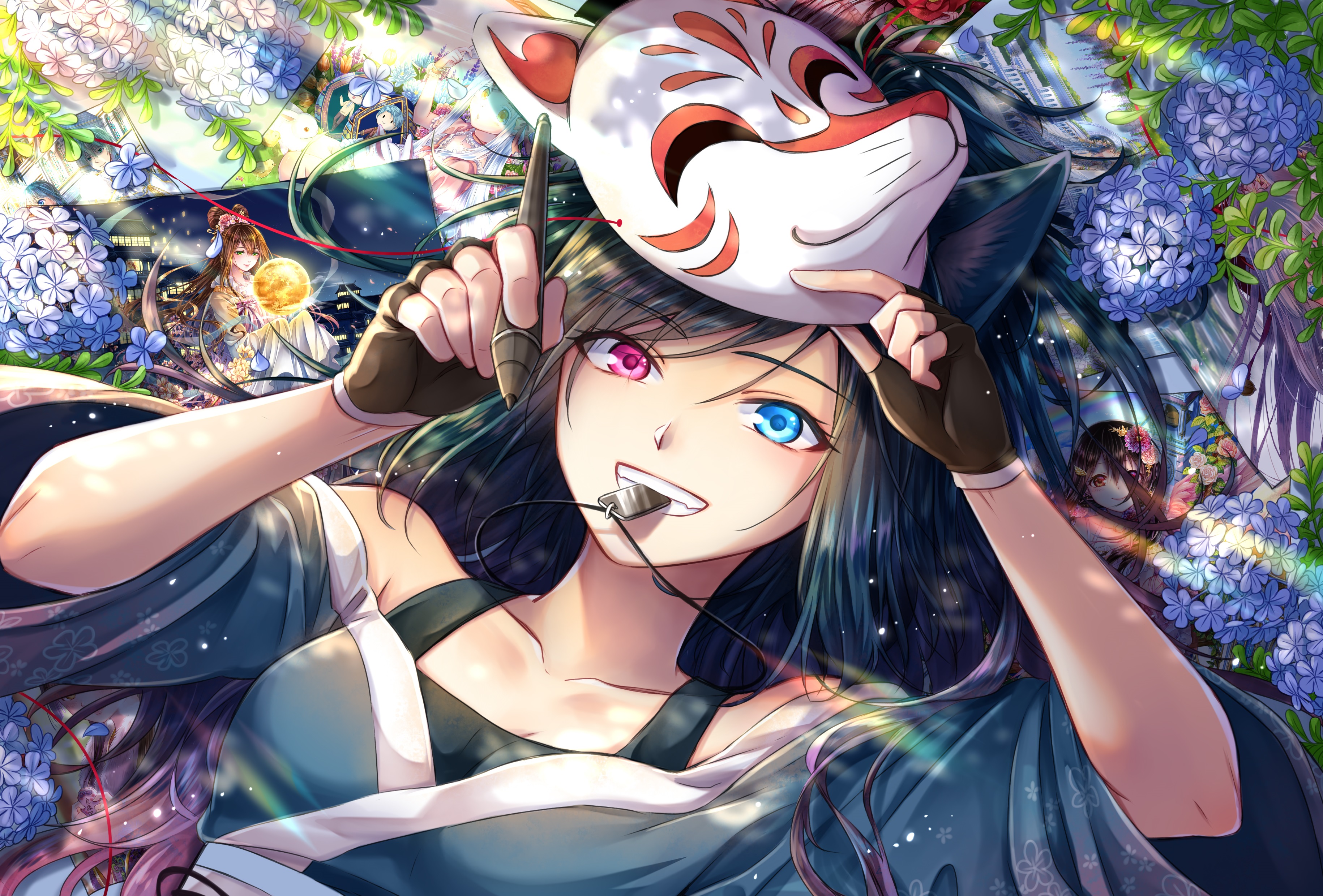 Girl with Kitsune mask and heterochromia HD Wallpaper