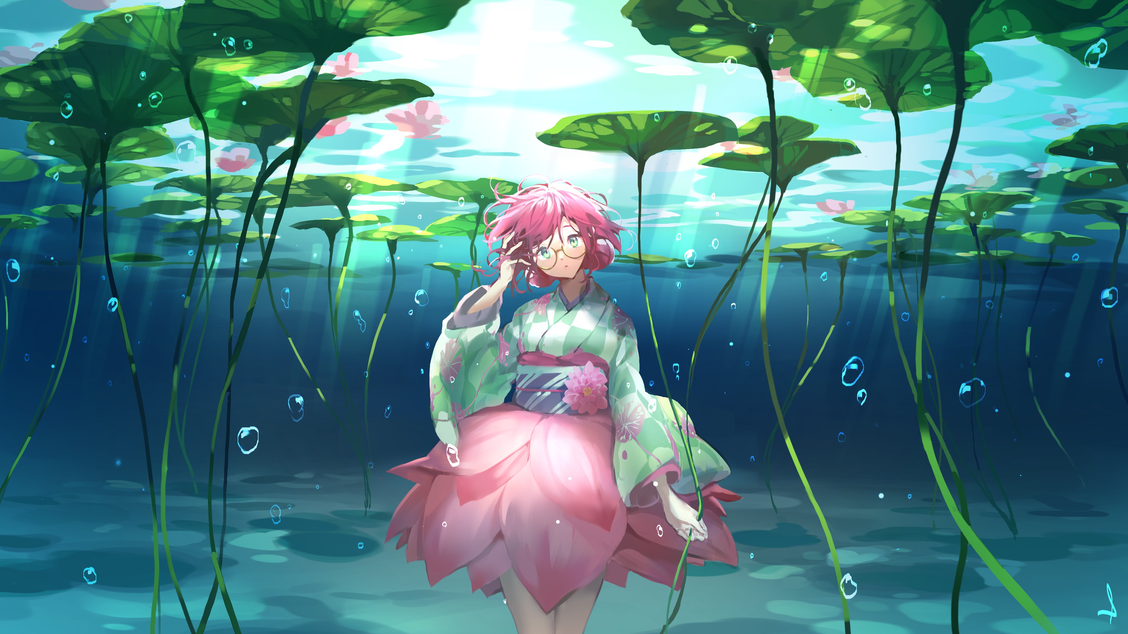 Girl in Lotus Dress Underwater with Lily Pads HD Wallpaper