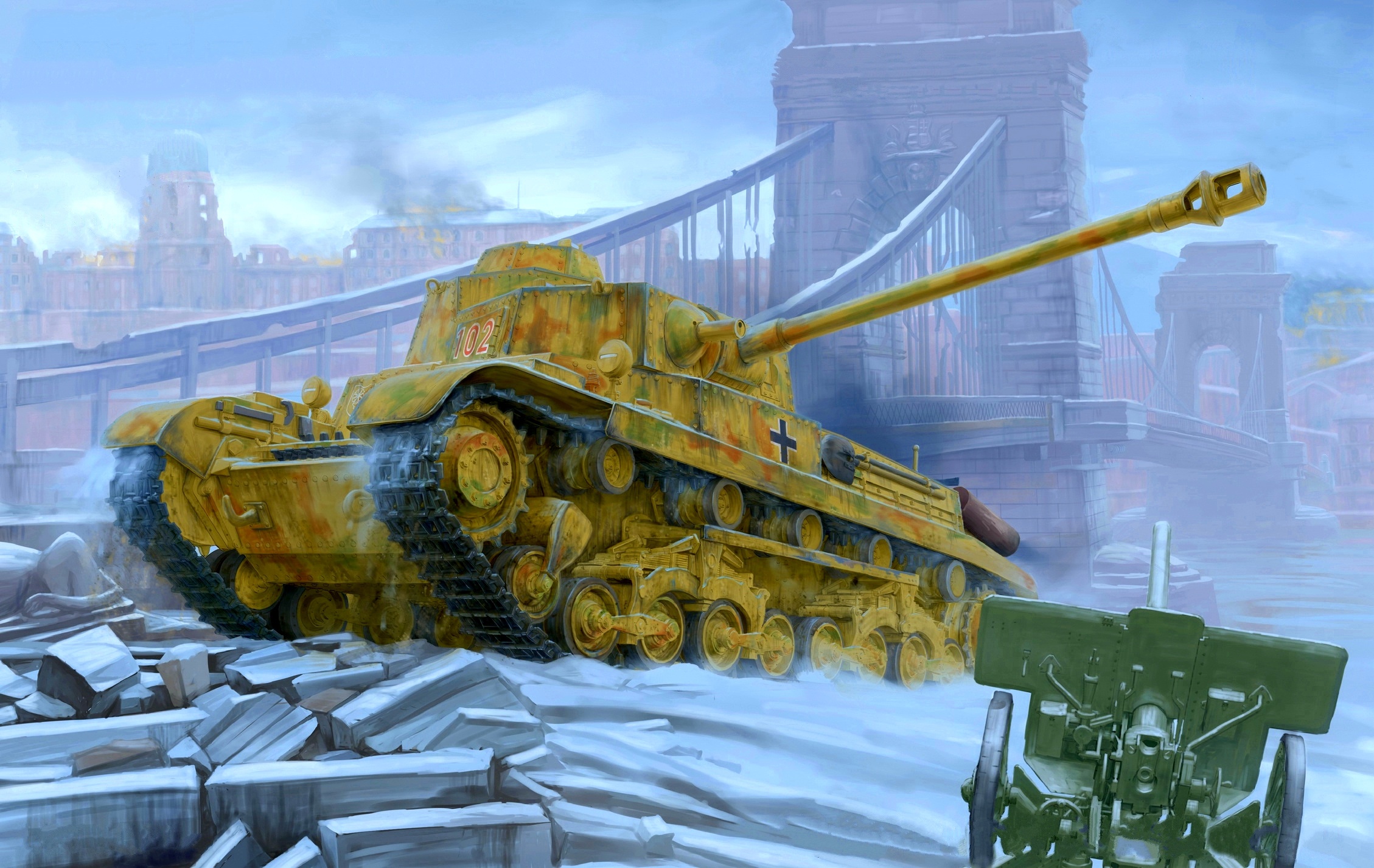 Yellow tank in a snowy city with a bridge HD Wallpaper