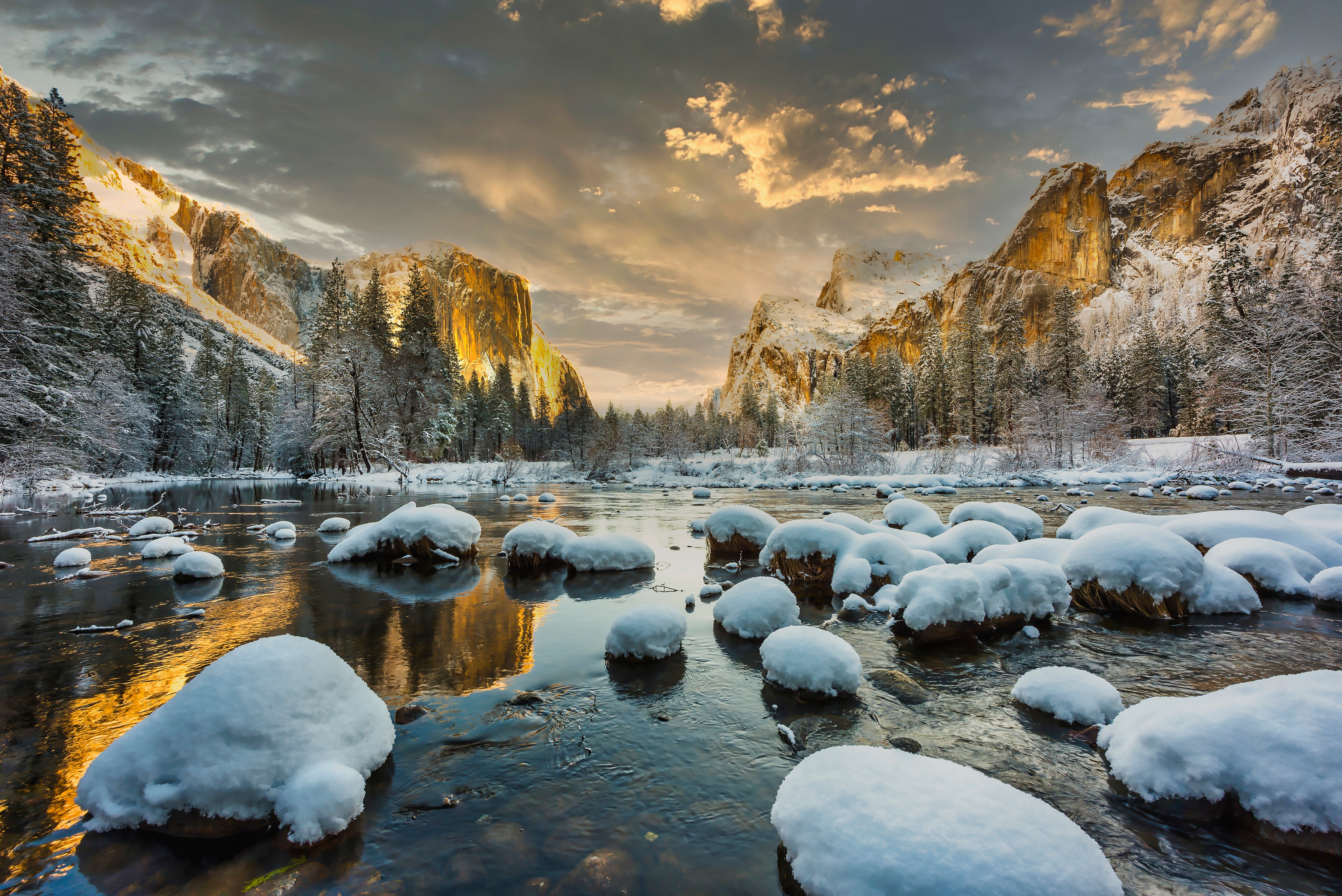Yosemite National Park in Winter with Snow-Covered Rocks HD Wallpaper