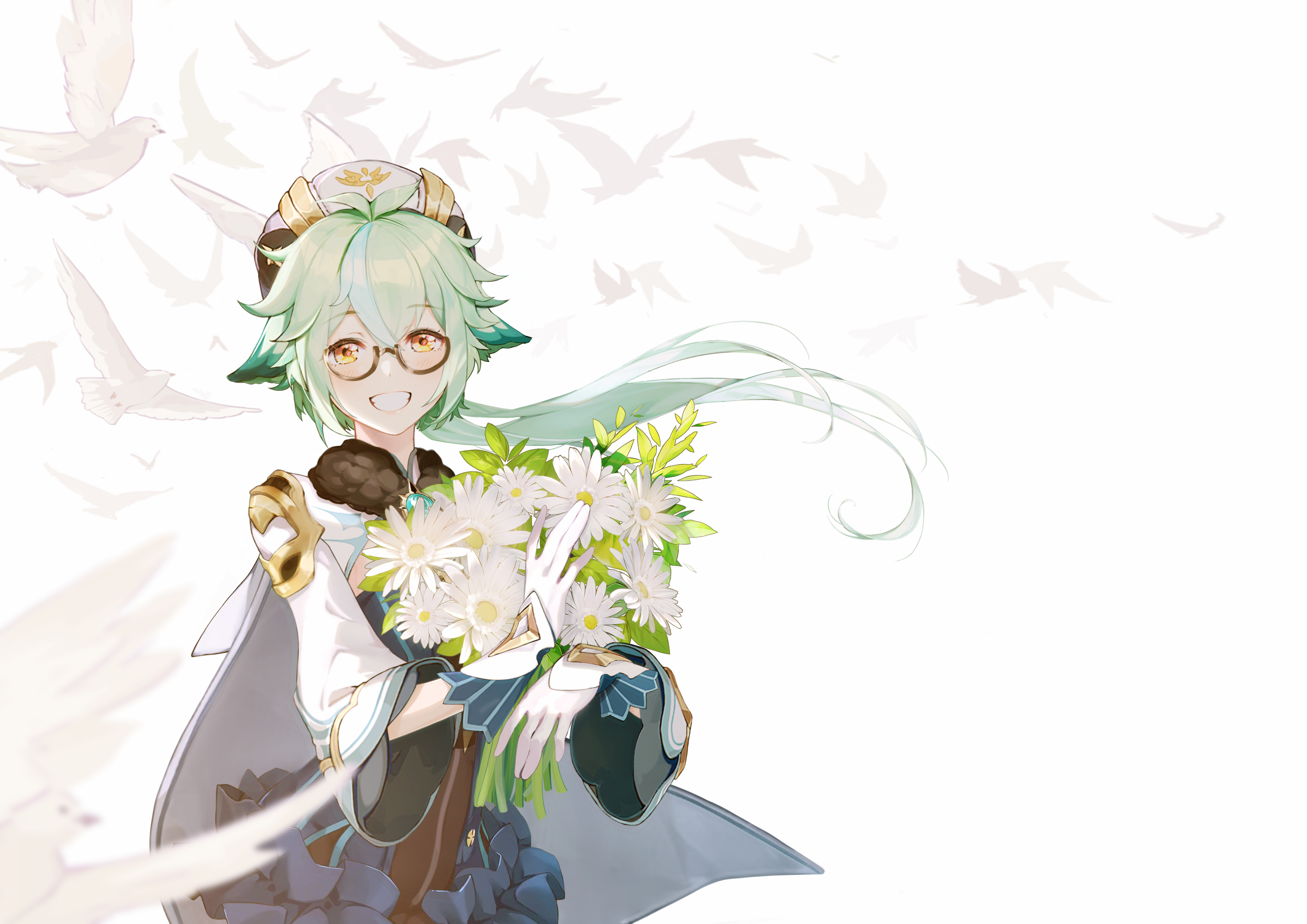 Sucrose from Genshin Impact holding flowers HD Wallpaper