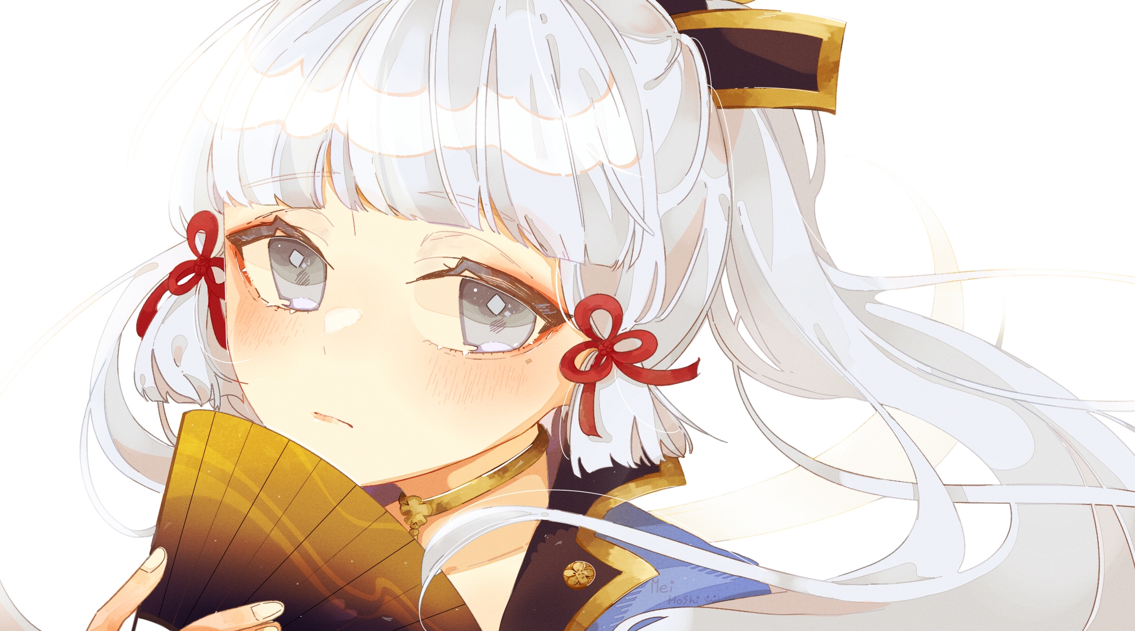Kamisato Ayaka from Genshin Impact holding a fan HD Wallpaper
