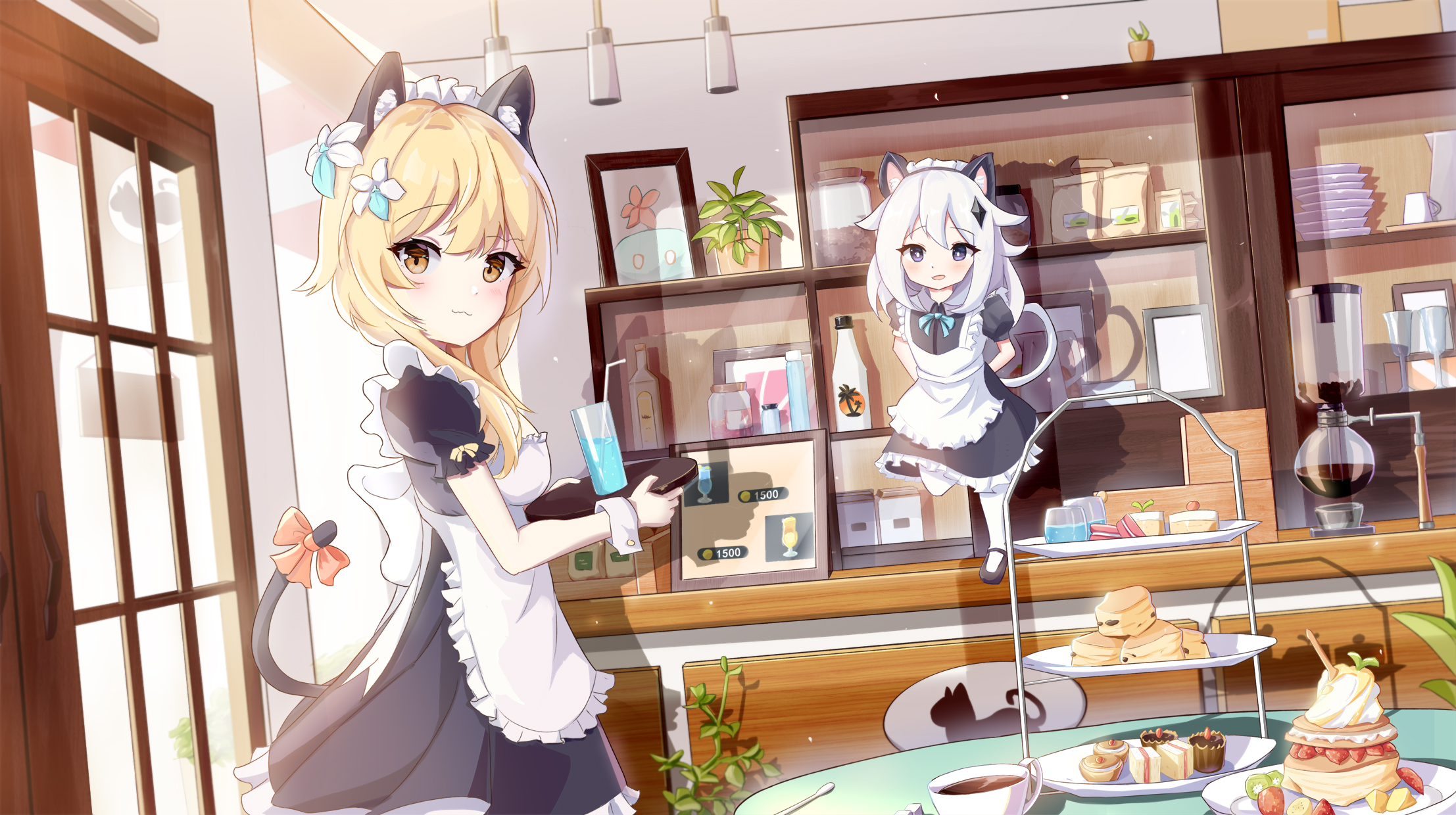 Lumine and Paimon from Genshin Impact in maid outfits HD Wallpaper