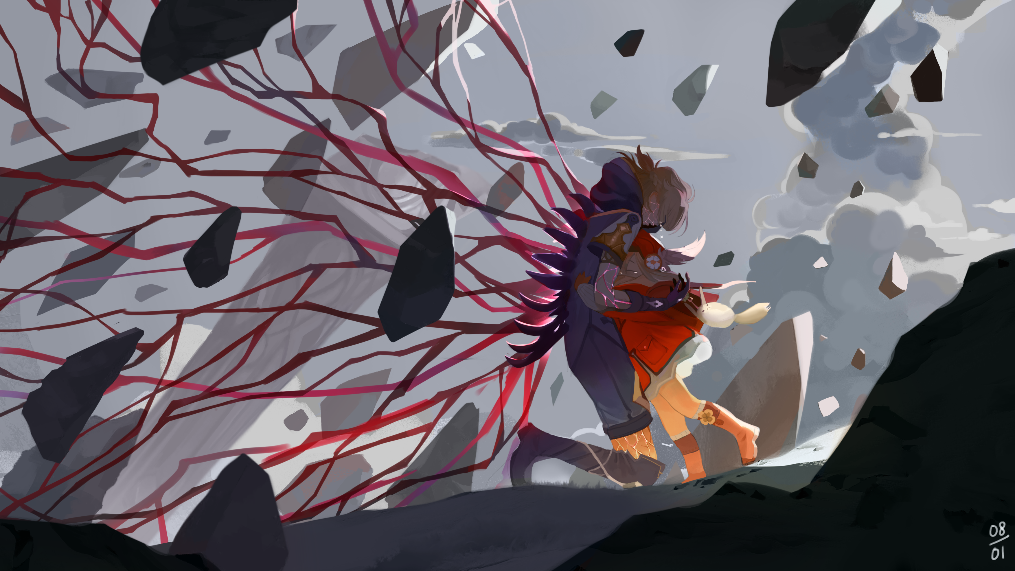 Albedo and Klee from Genshin Impact embracing amidst debris HD Wallpaper