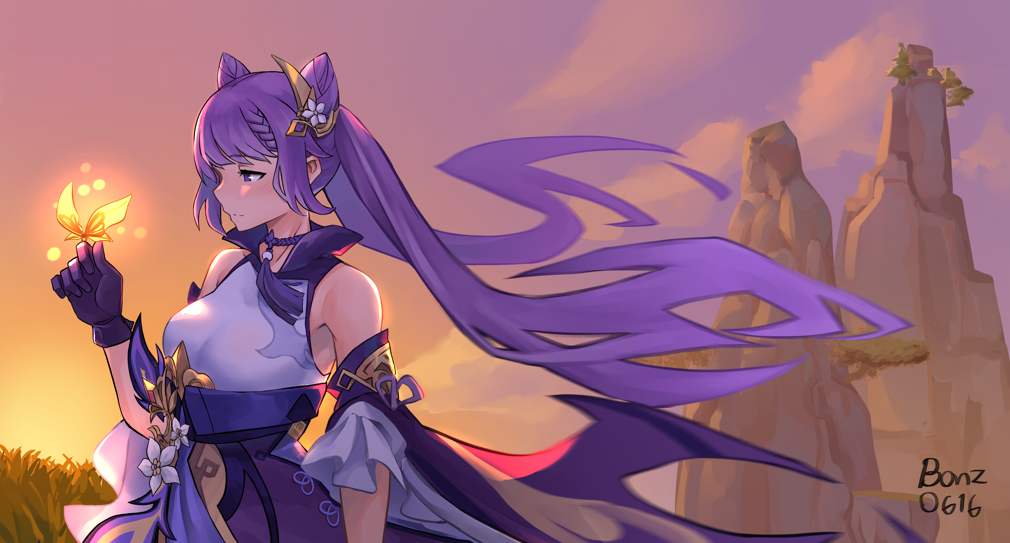 Keqing from Genshin Impact with a glowing butterfly HD Wallpaper