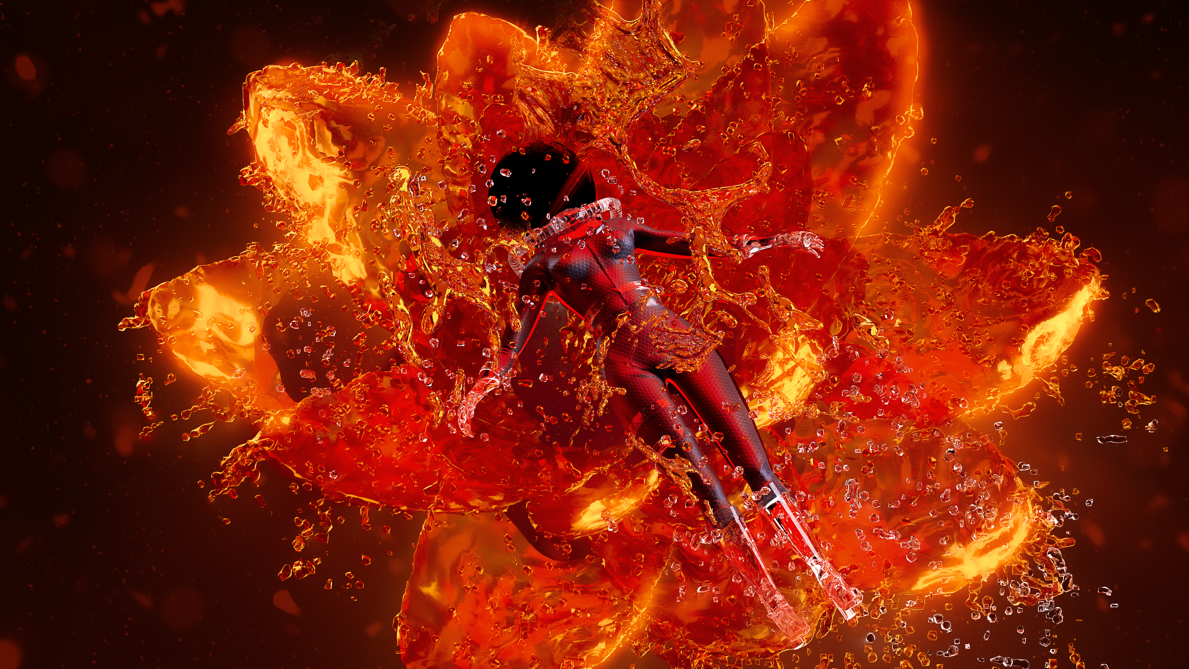 Woman in red suit submerged in orange liquid flower HD Wallpaper