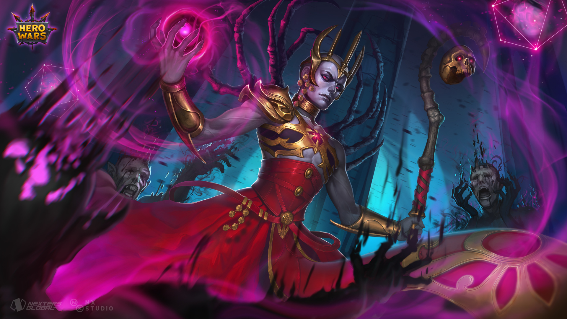 Hero Wars character with magic staff and zombies HD Wallpaper