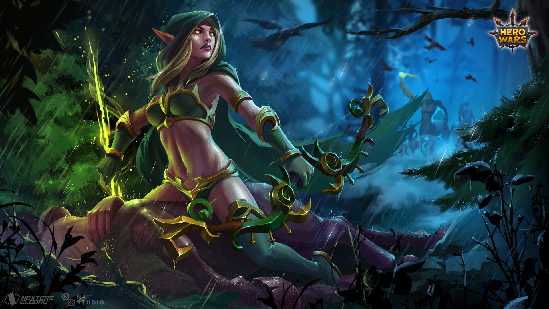 Elf archer from Hero Wars in a rainy forest HD Wallpaper