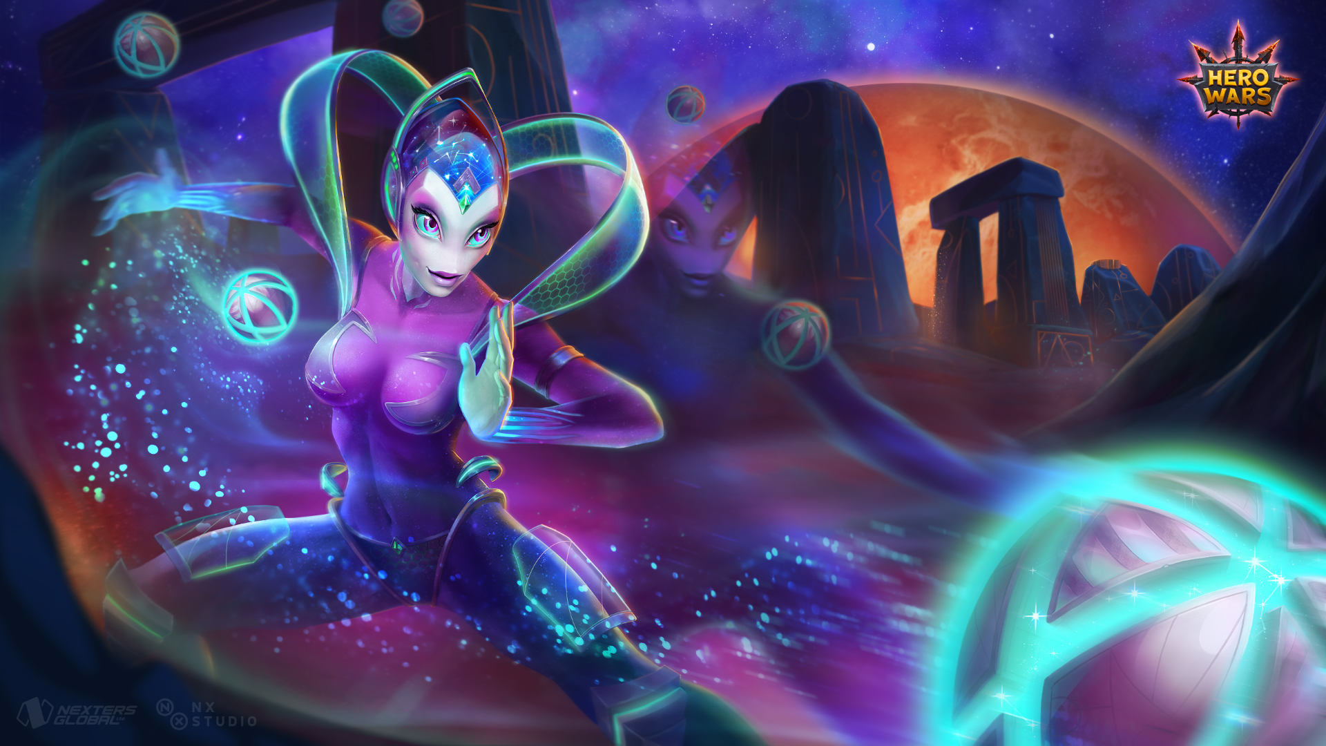 Celeste from Hero Wars in a cosmic landscape HD Wallpaper