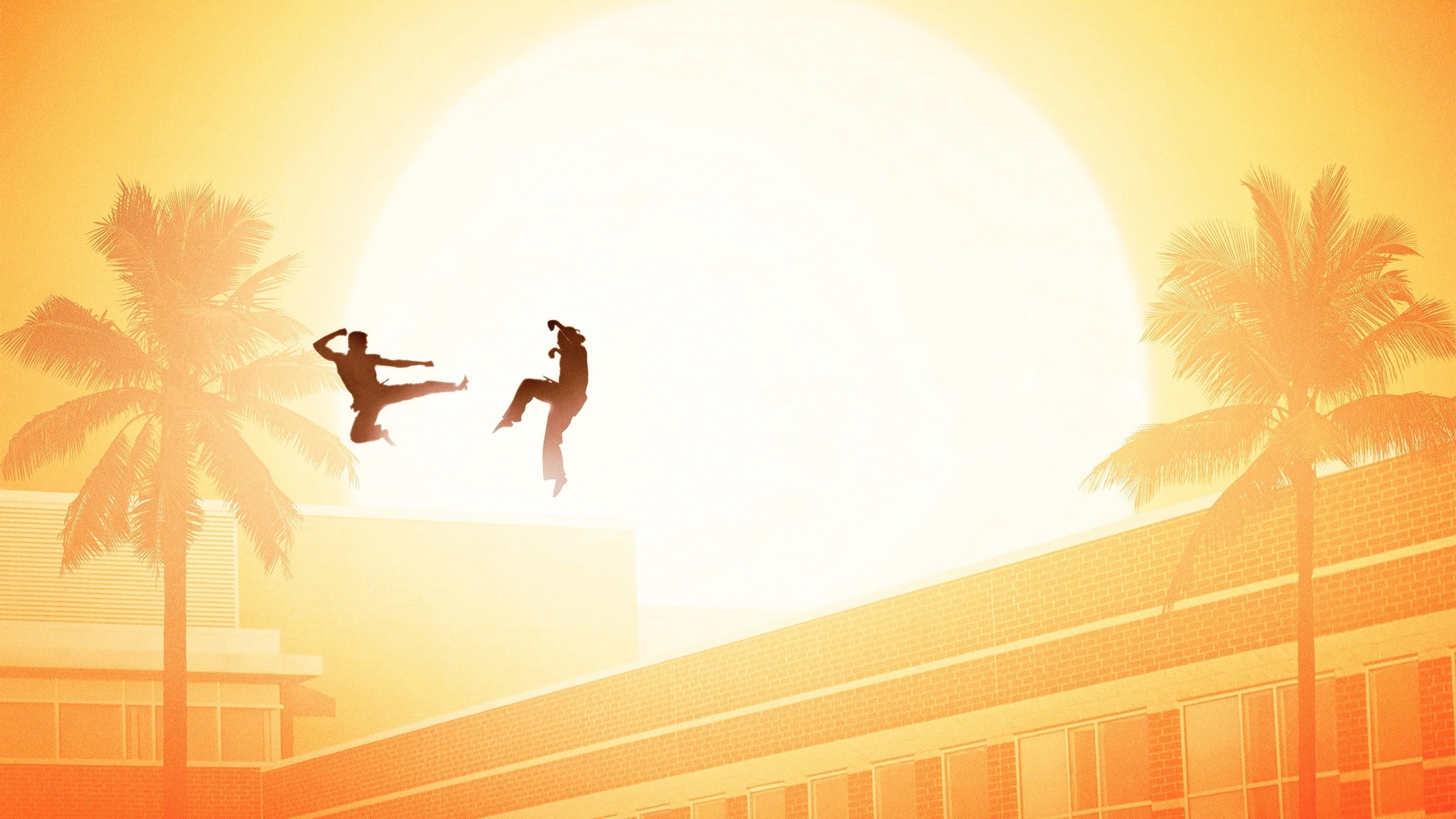 Two martial artists fighting in front of a large sun and palm trees HD Wallpaper