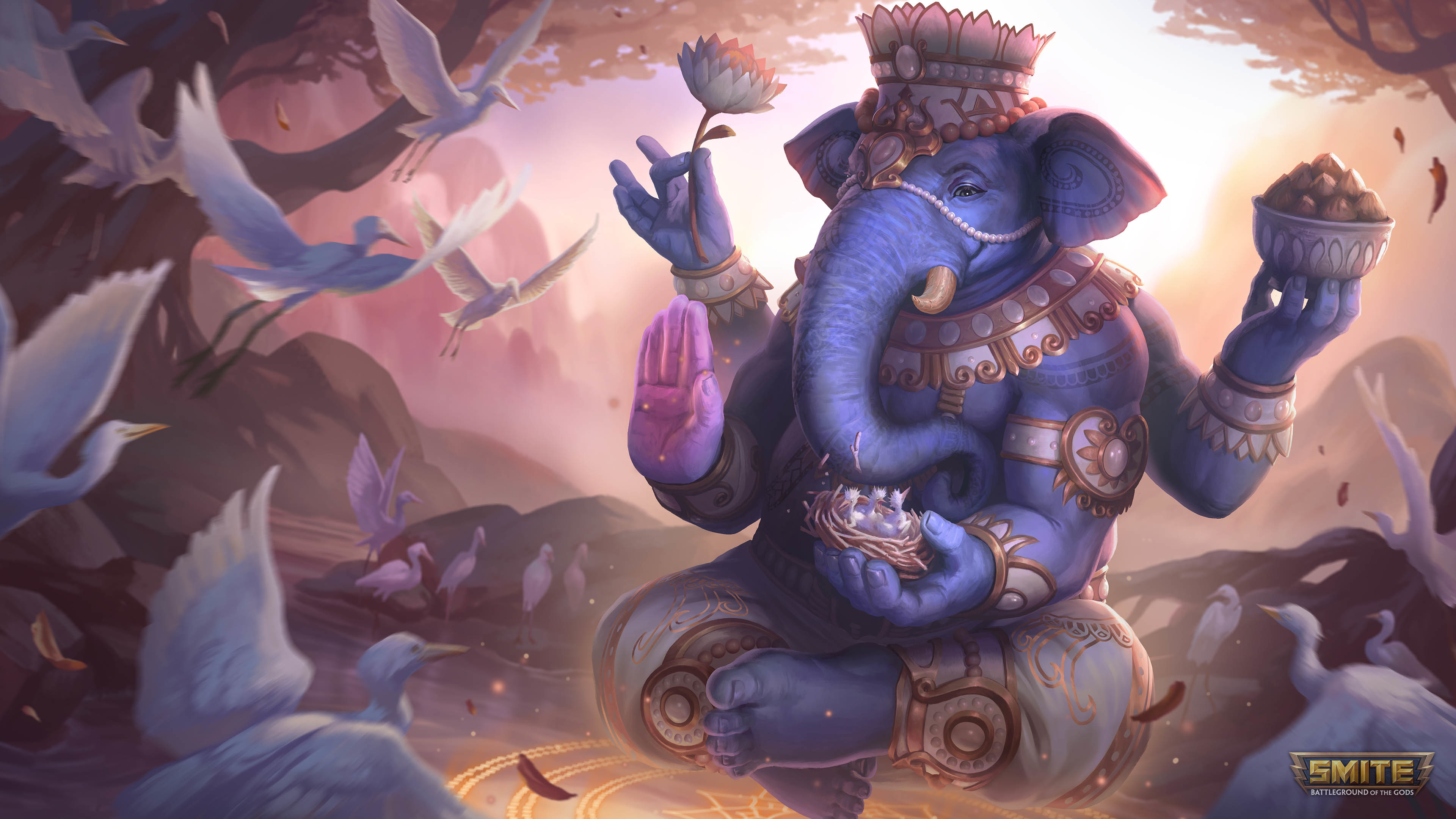 Ganesha with Lotus and Birds in Serene Setting HD Wallpaper