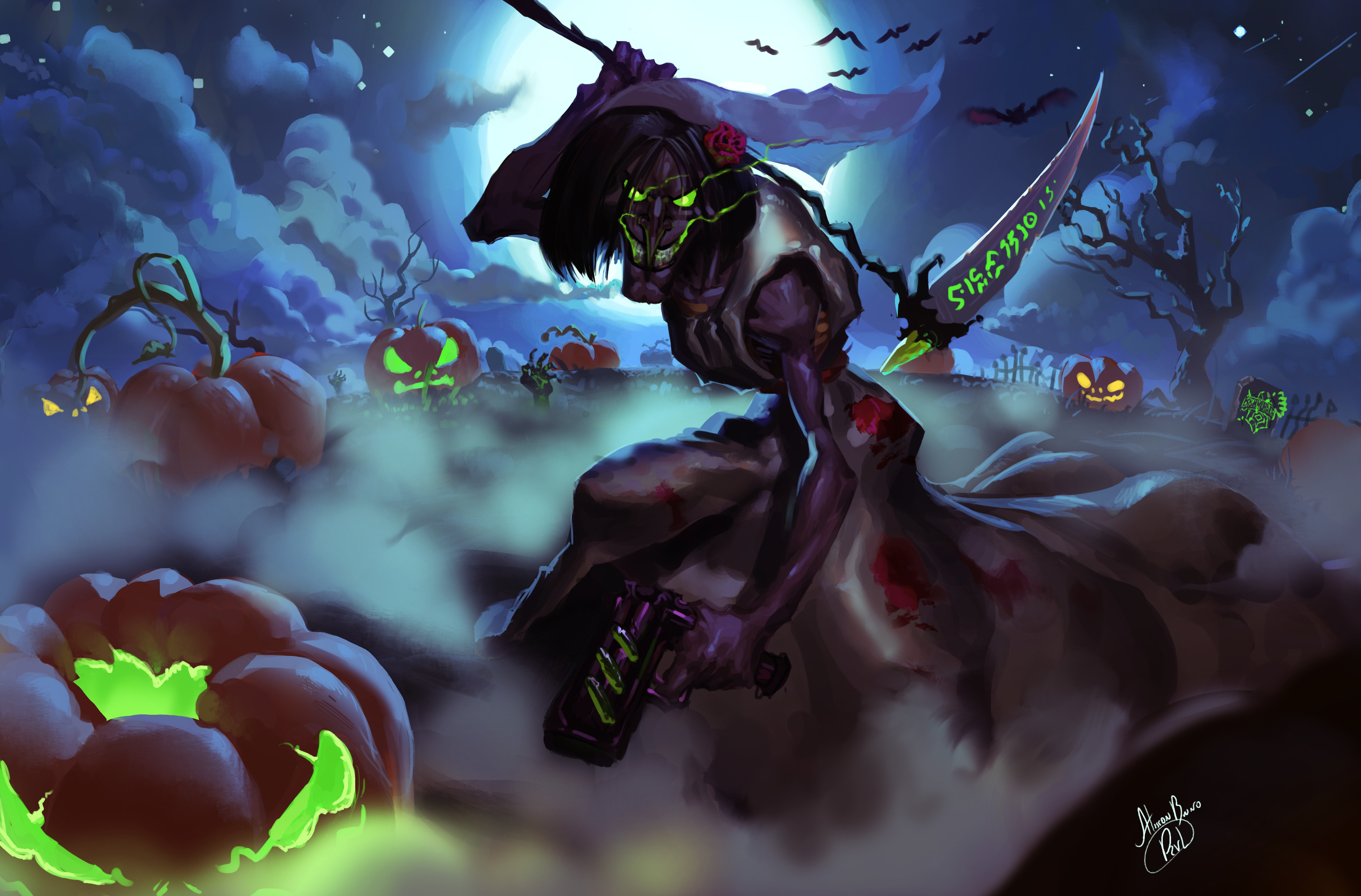 Halloween character with scythe and pumpkins in a graveyard HD Wallpaper