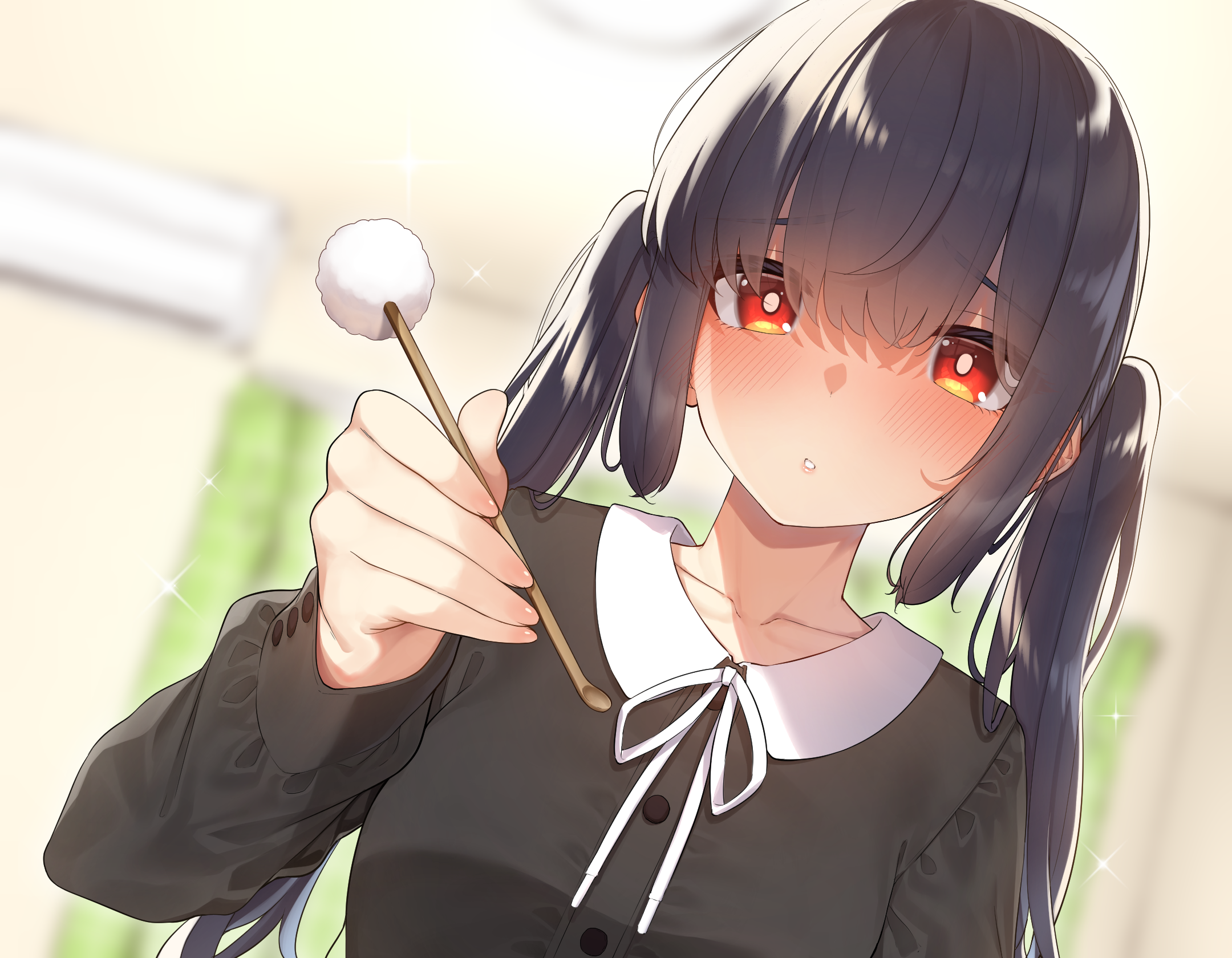 Girl with red eyes and twintails holding a cotton swab HD Wallpaper