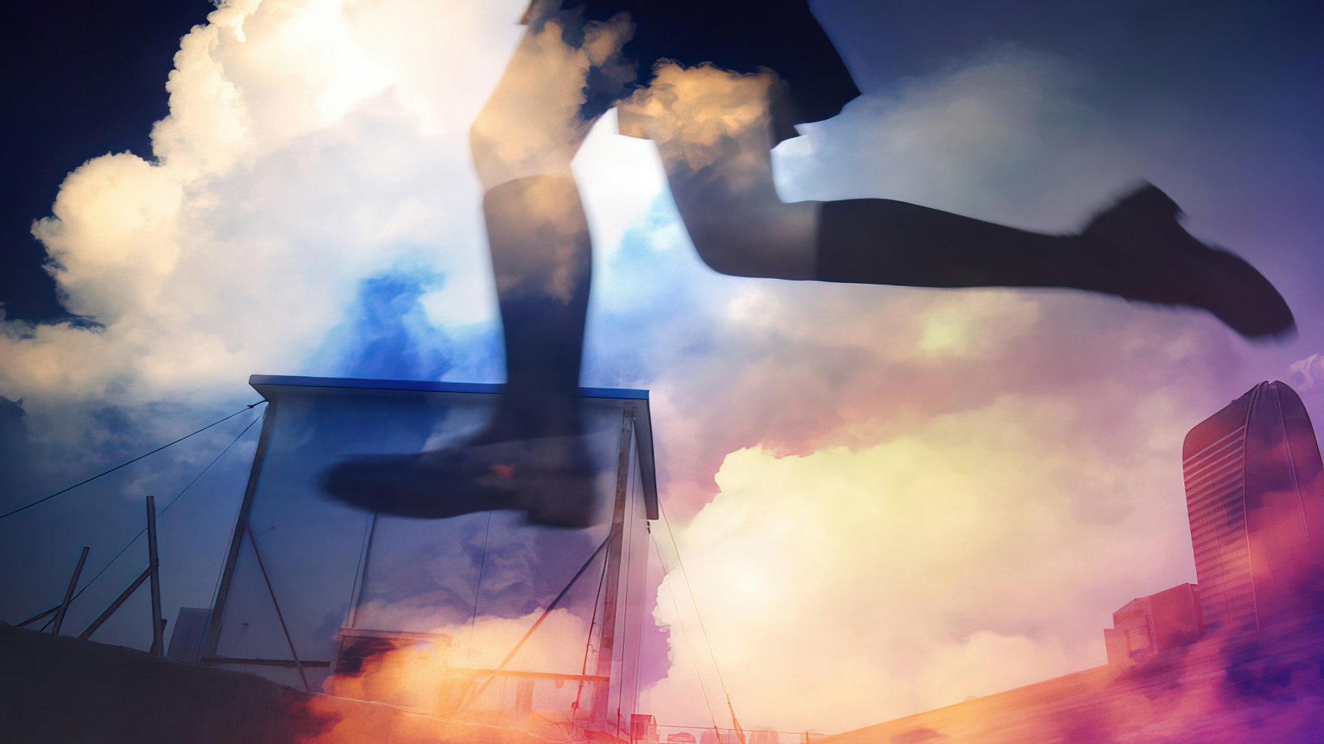 Woman jumping over buildings with clouds HD Wallpaper