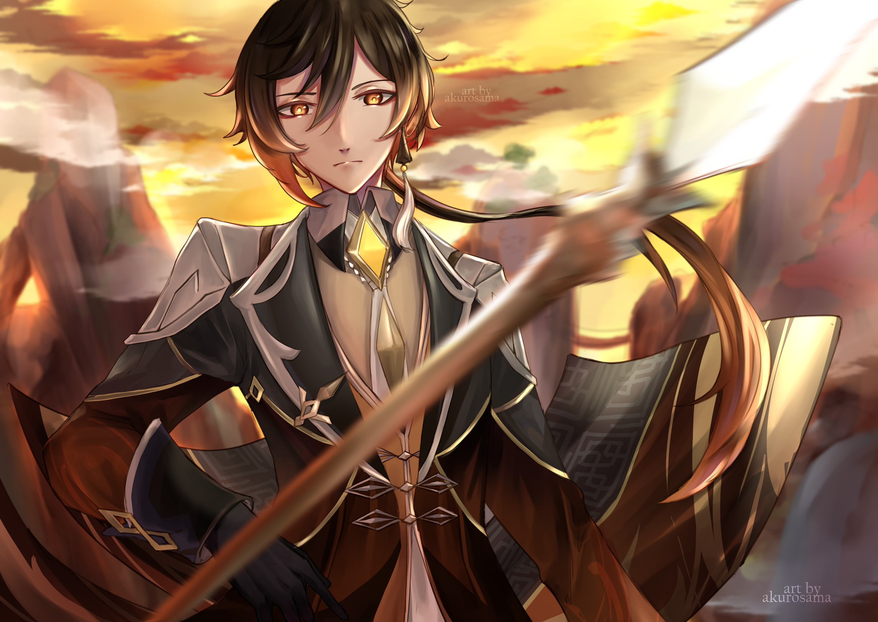 Zhongli from Genshin Impact with a spear HD Wallpaper