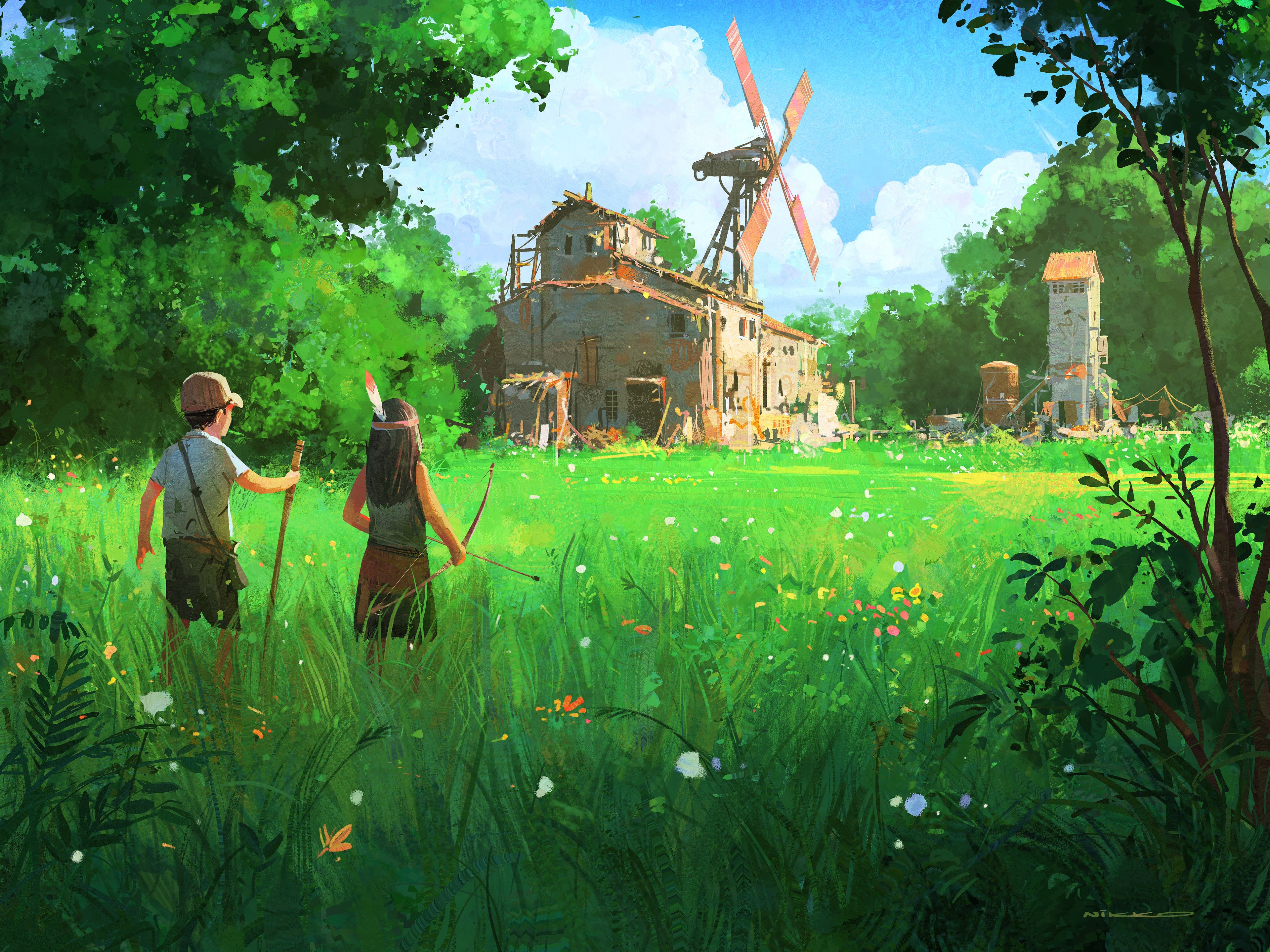 Children in a field with a windmill HD Wallpaper