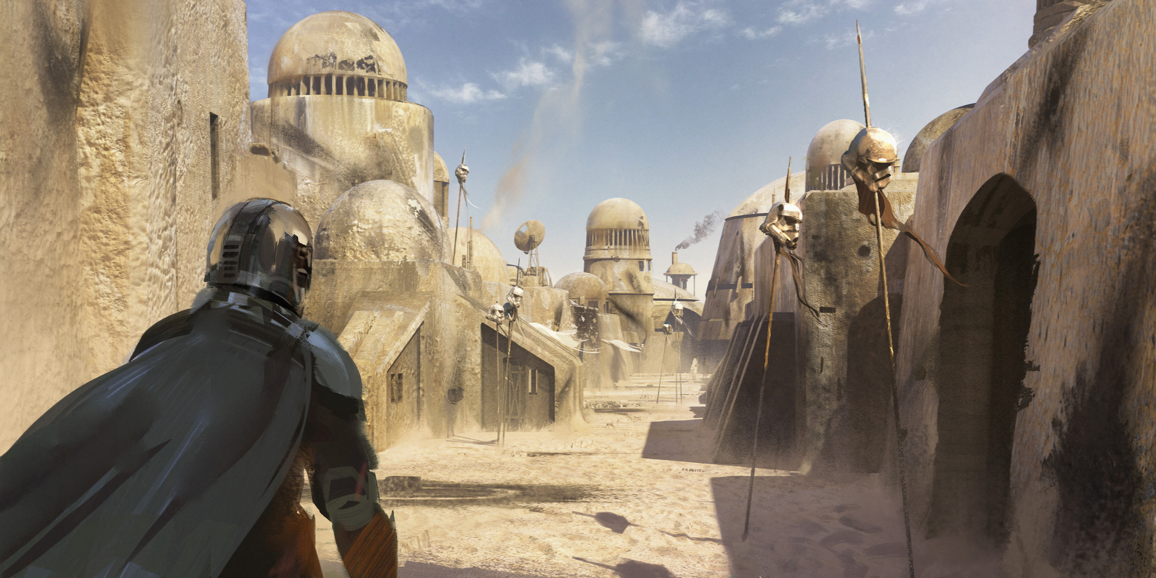 The Mandalorian in a desert settlement HD Wallpaper