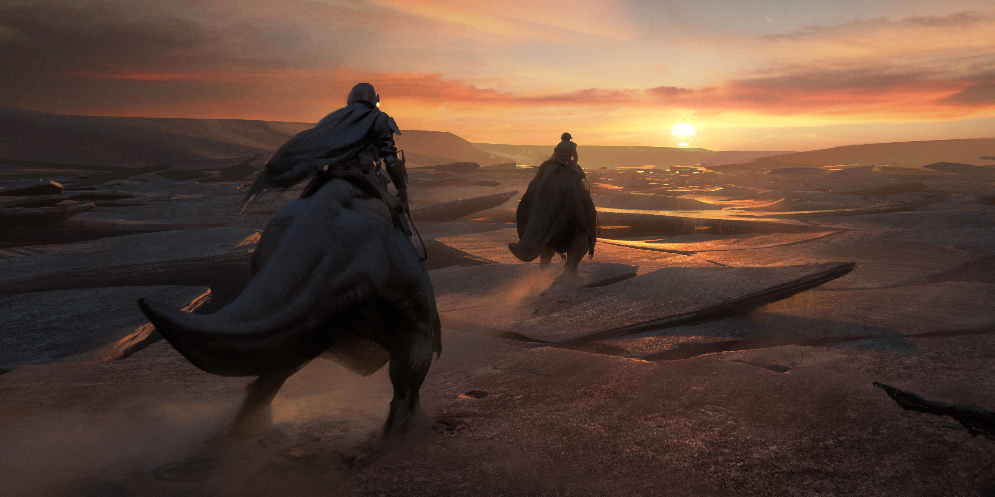 The Mandalorian riding creatures at sunset HD Wallpaper