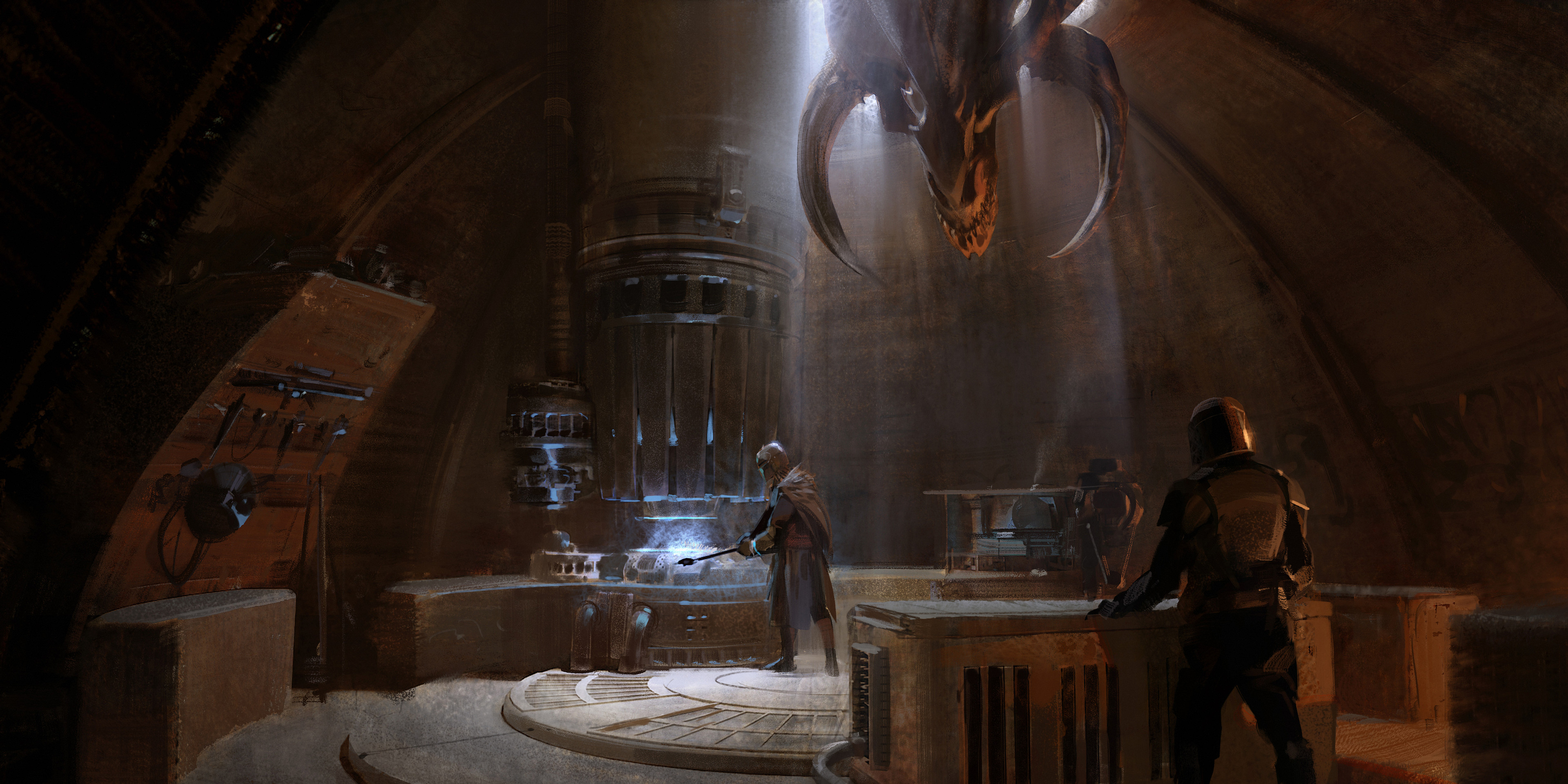 The Mandalorian in a forge with a dragon HD Wallpaper