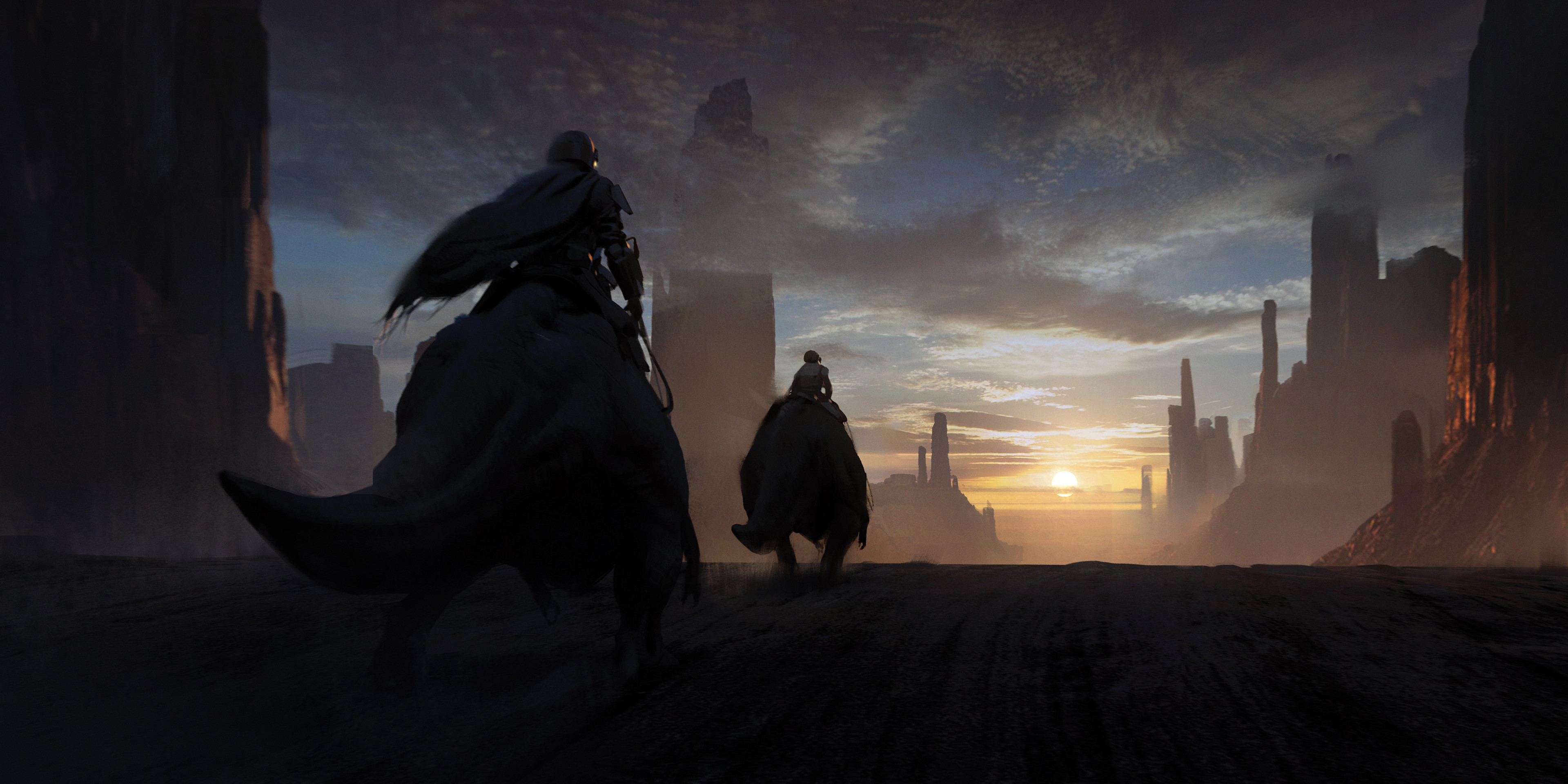 The Mandalorian and Grogu riding creatures at sunset HD Wallpaper