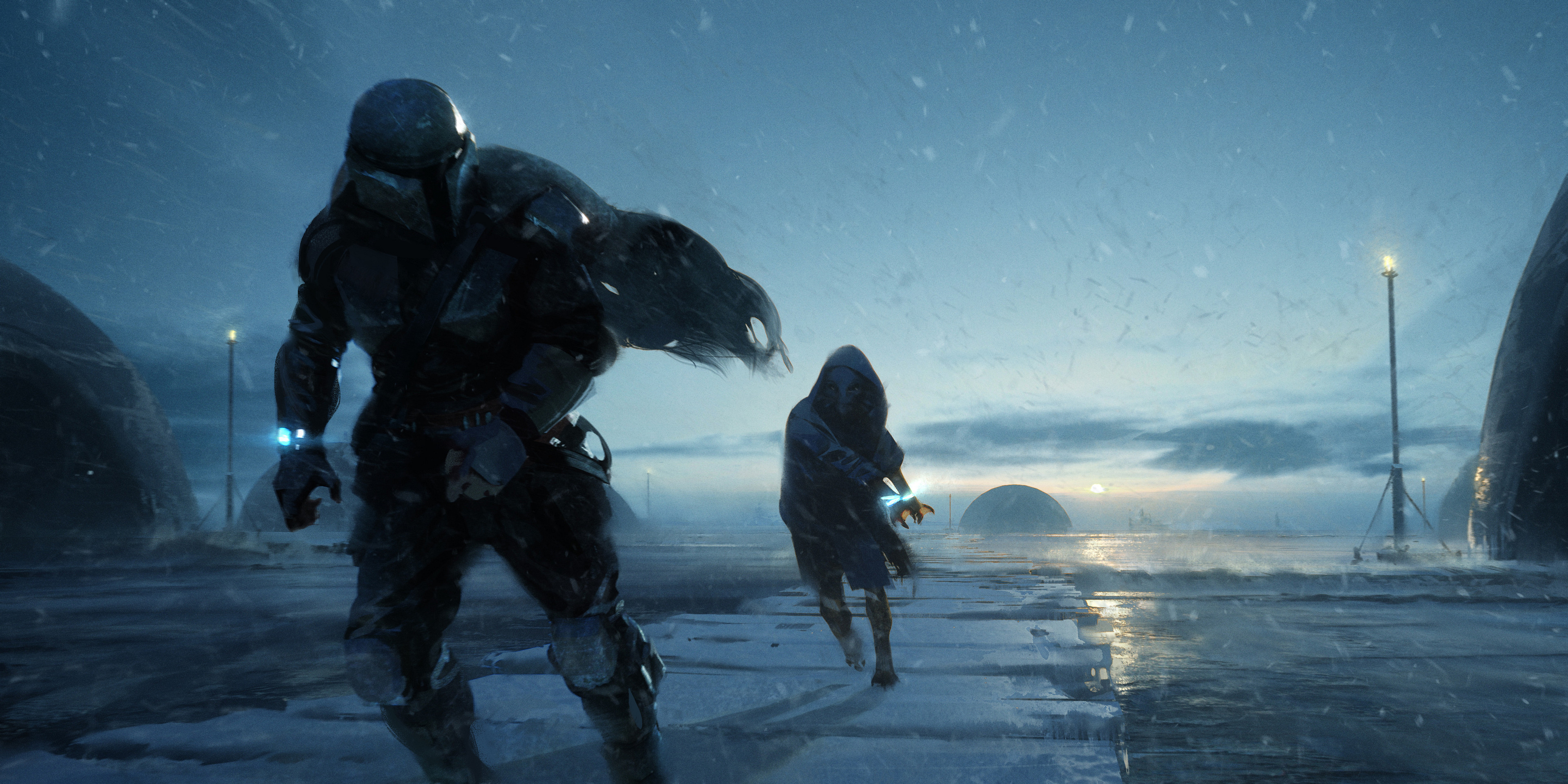 The Mandalorian in a snowy landscape HD Wallpaper