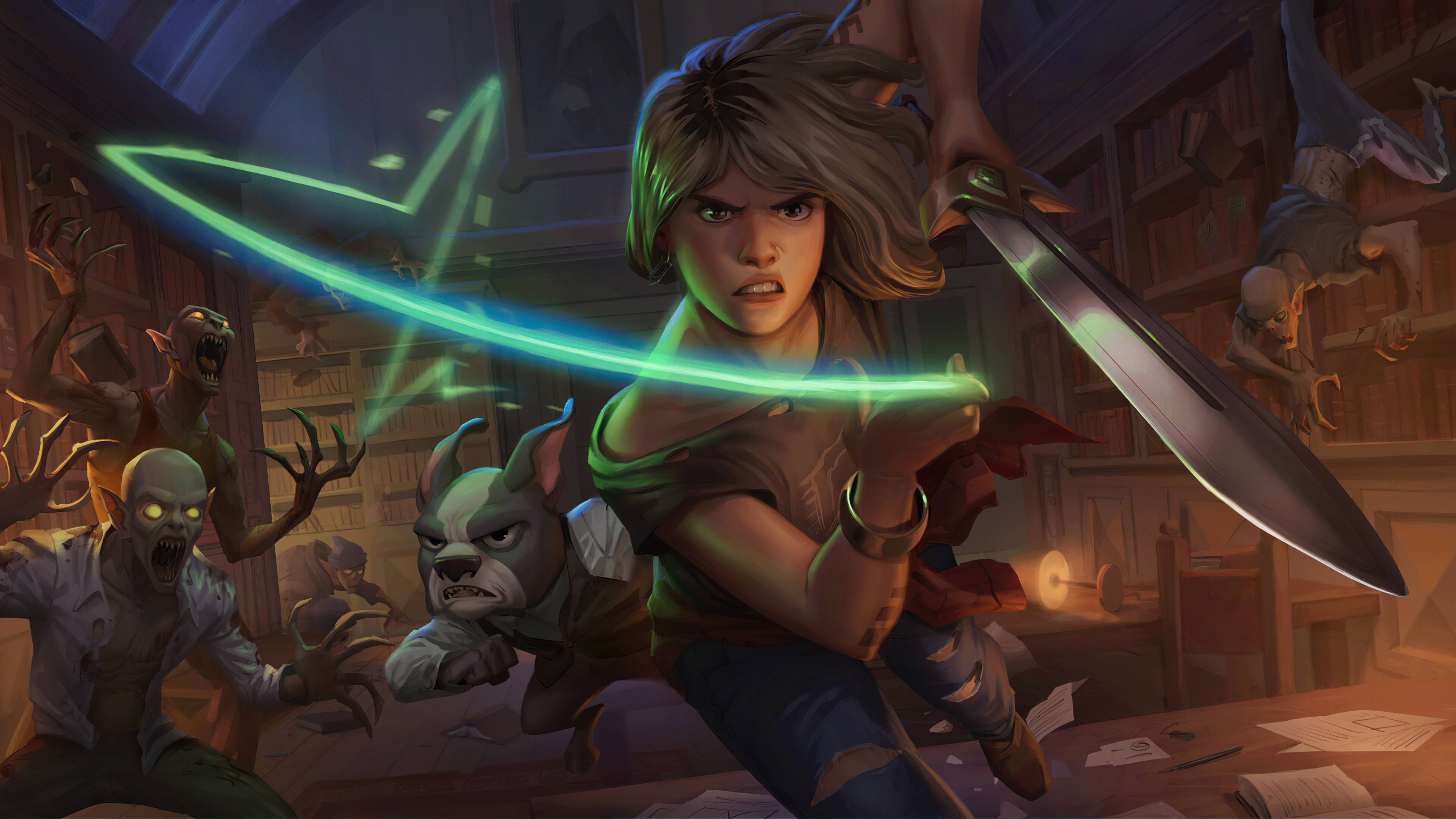 Woman Warrior Fighting Vampires with Dog HD Wallpaper