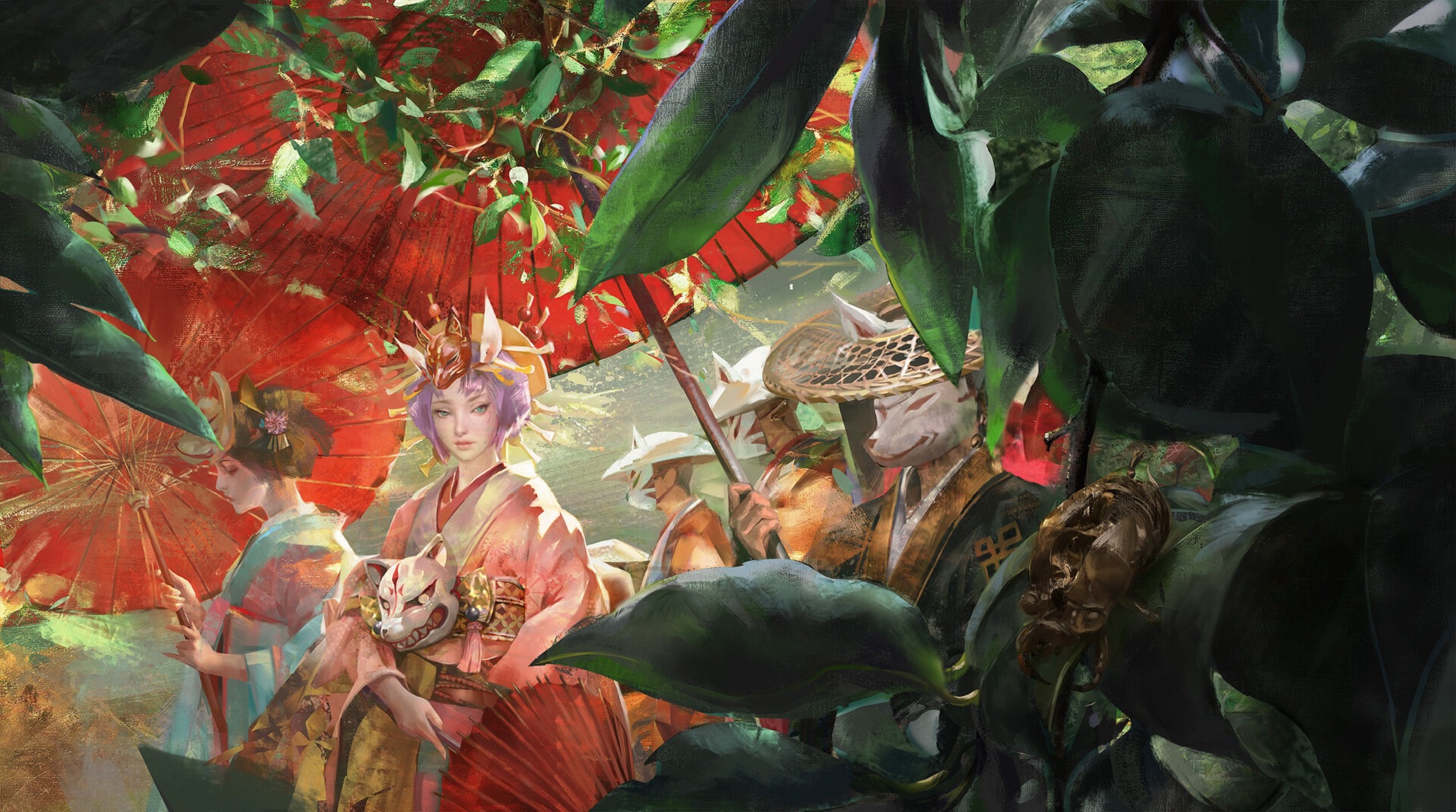 People in kimonos with fox masks and umbrellas HD Wallpaper