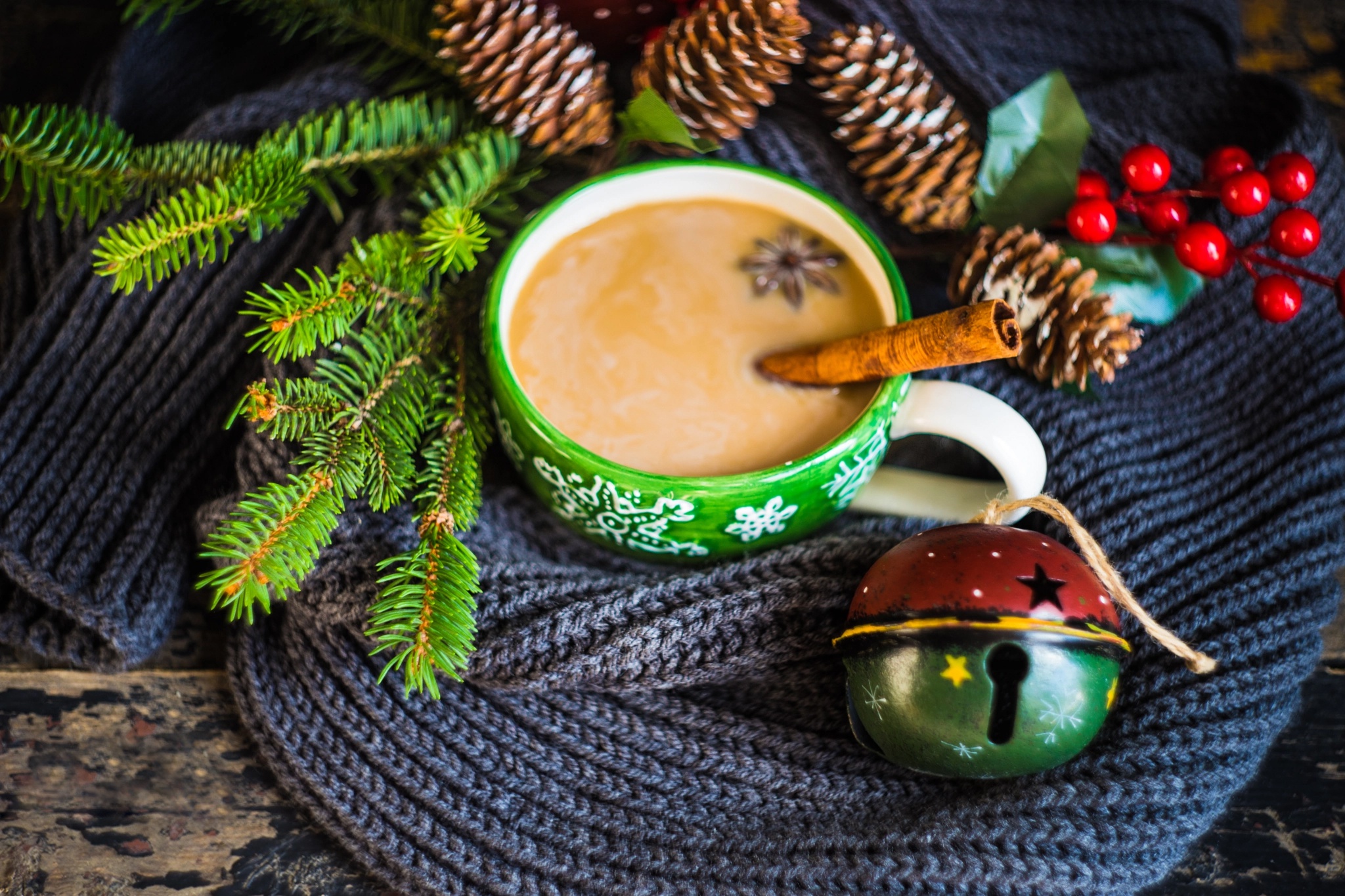 Christmas still life with coffee and pine cones HD Wallpaper