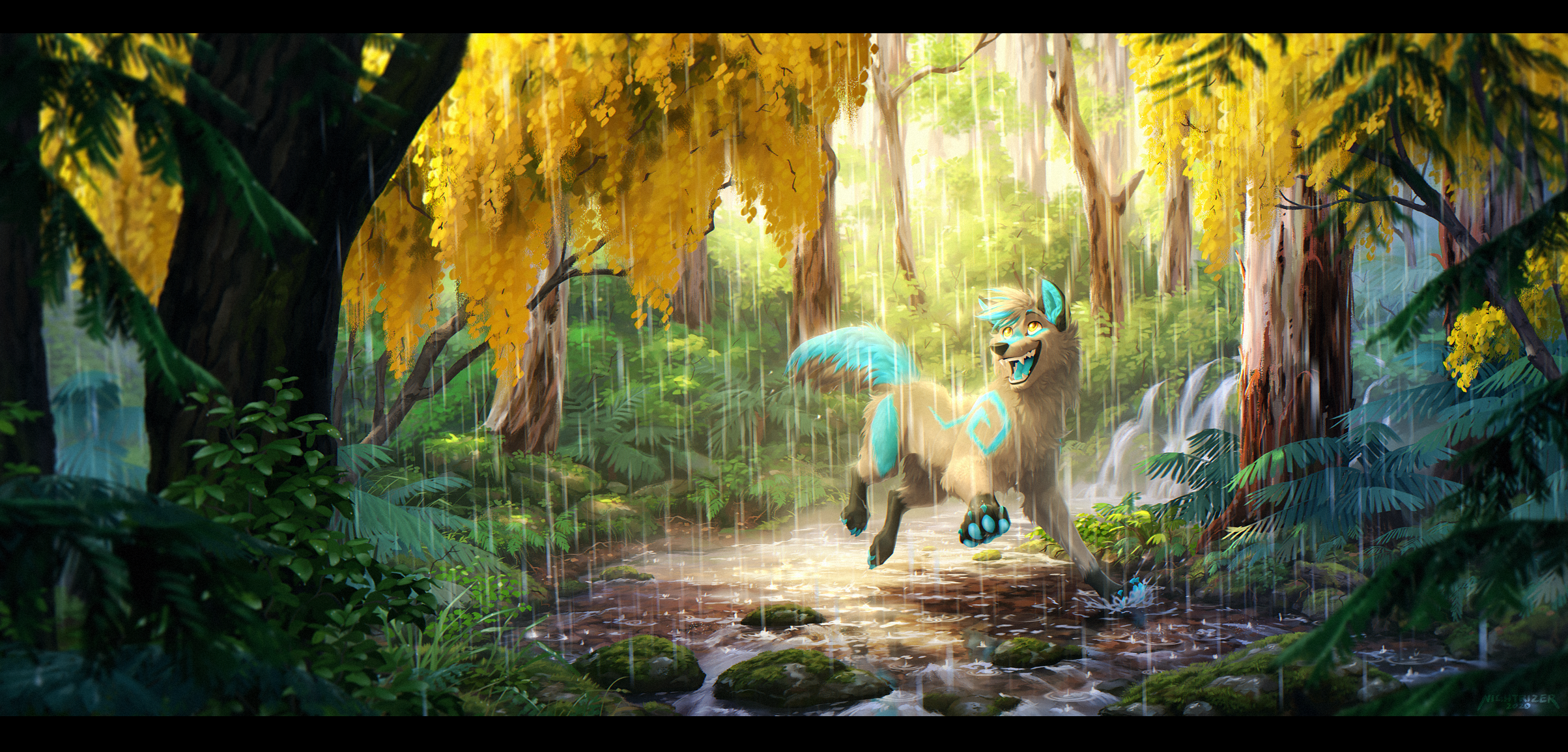 Fantasy Wolf running in a rainy forest HD Wallpaper