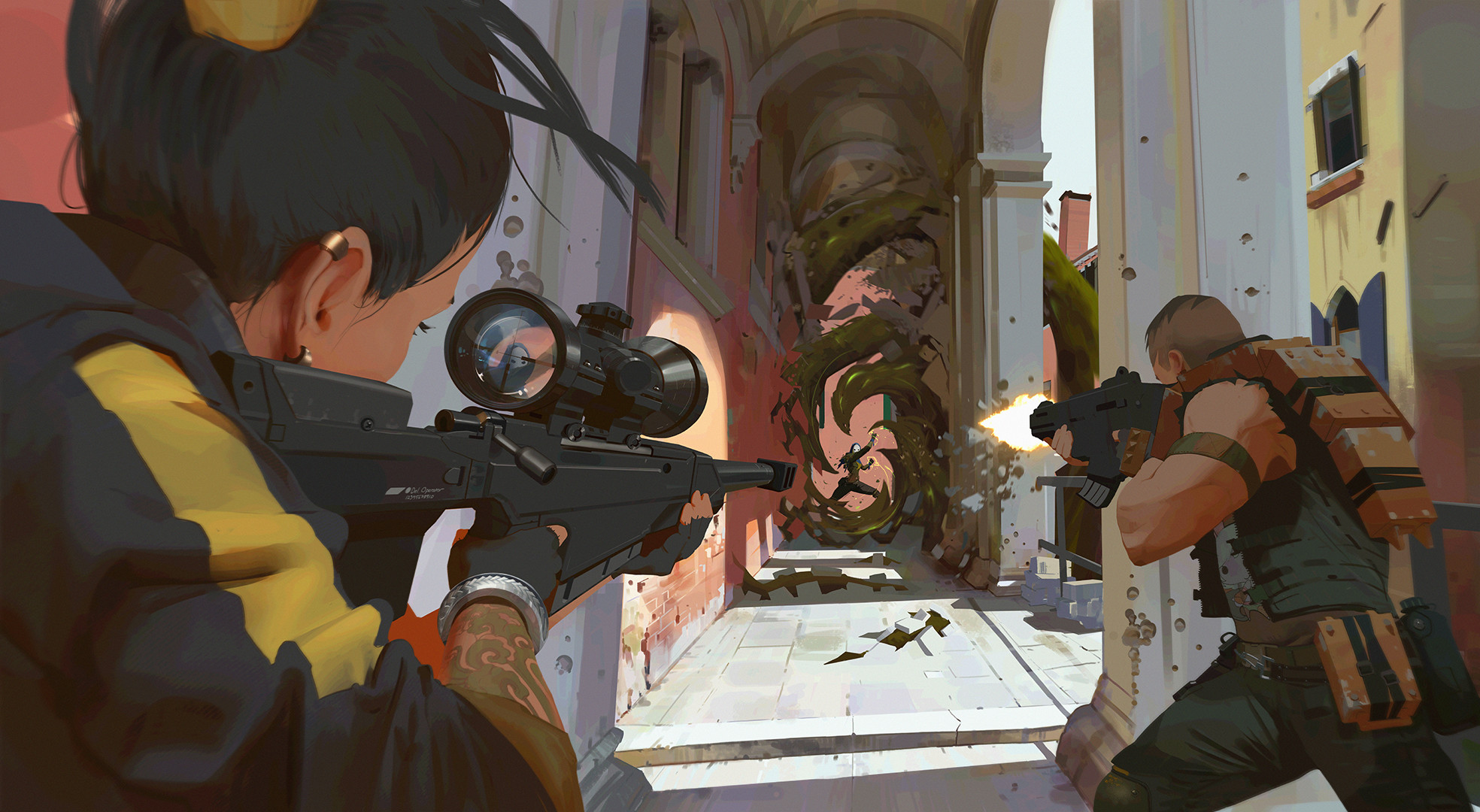 Two characters in a firefight with a monster HD Wallpaper