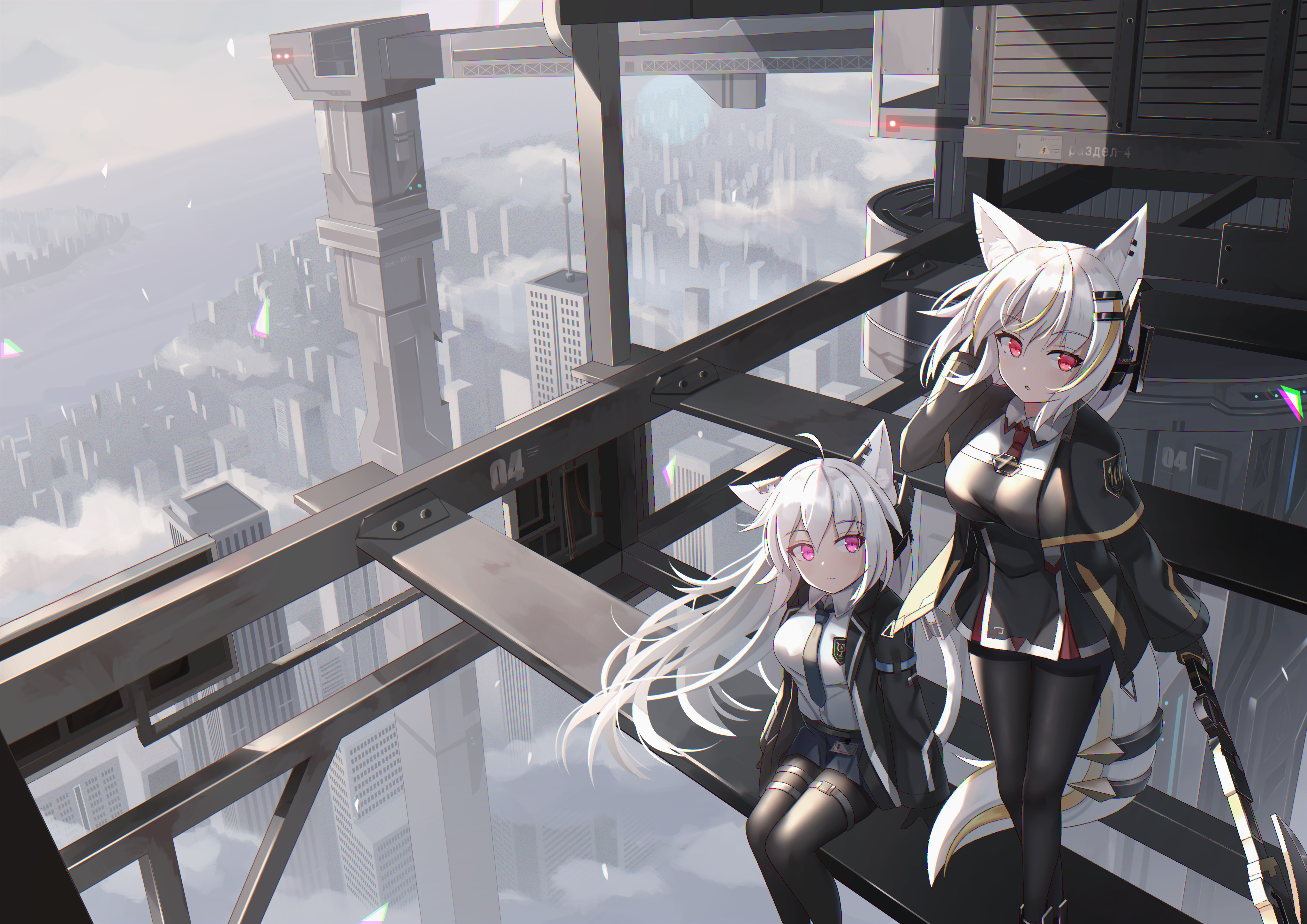 Two girls with animal ears on a rooftop HD Wallpaper