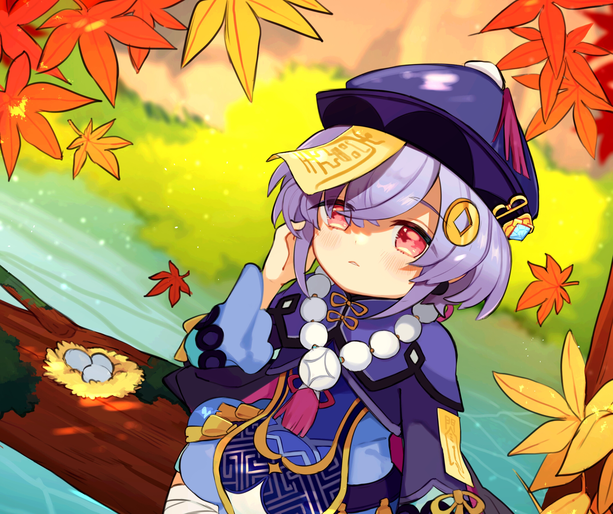 Qiqi from Genshin Impact with a bird's nest HD Wallpaper