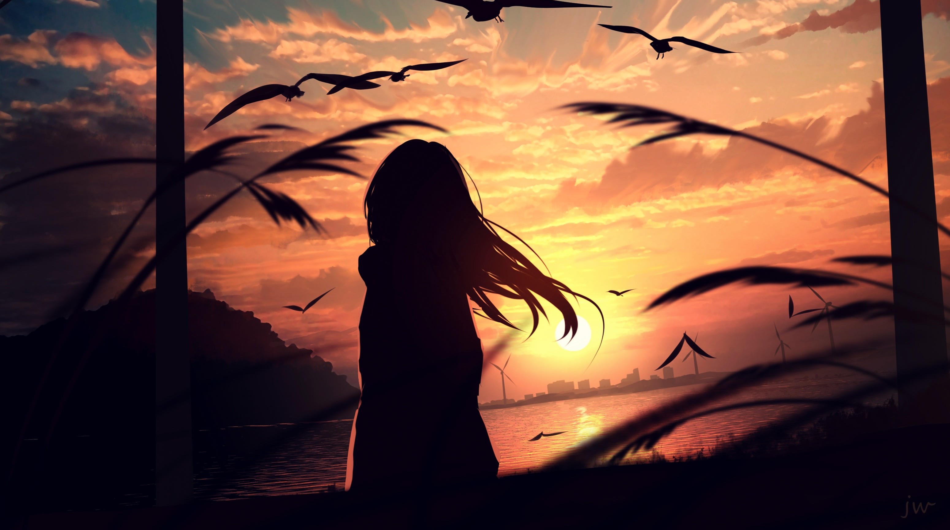 Girl watching sunset with birds flying HD Wallpaper