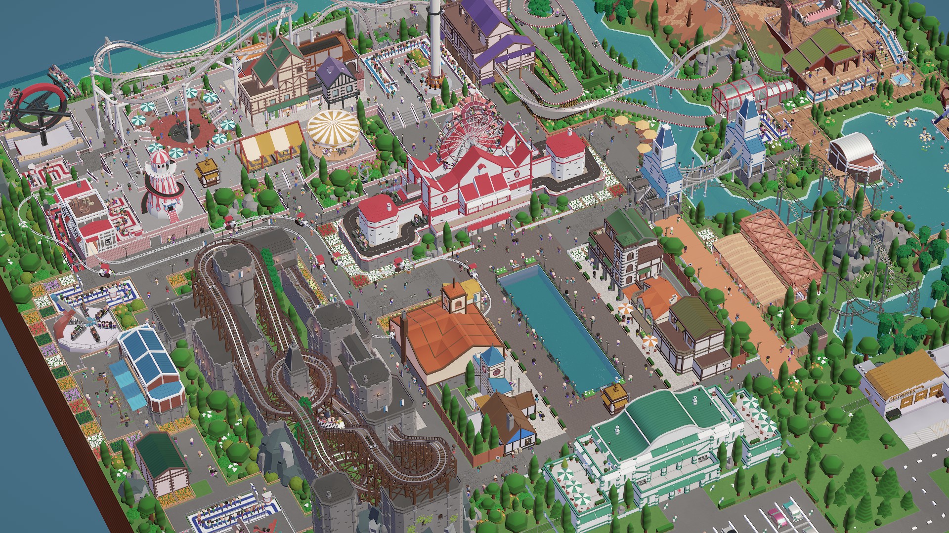 Parkitect amusement park with roller coasters and rides HD Wallpaper