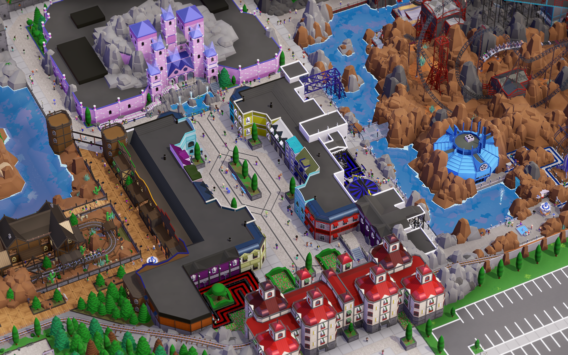 Parkitect amusement park with roller coasters and castle HD Wallpaper