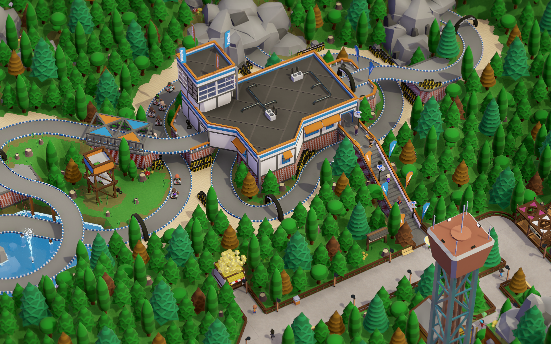 Parkitect go-kart track with building and trees HD Wallpaper