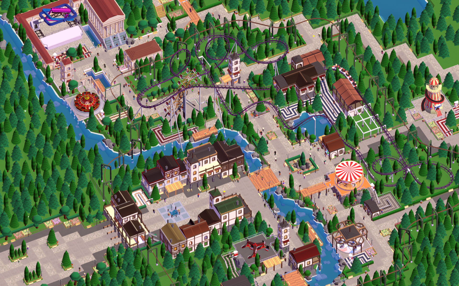 Parkitect amusement park with roller coasters and rides HD Wallpaper
