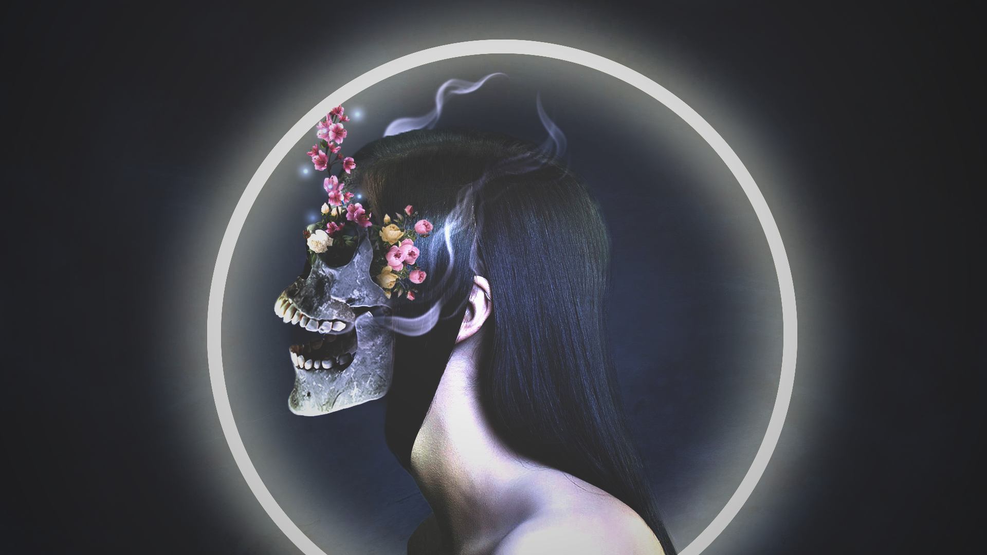 Skull with flowers and smoke inside a glowing circle HD Wallpaper