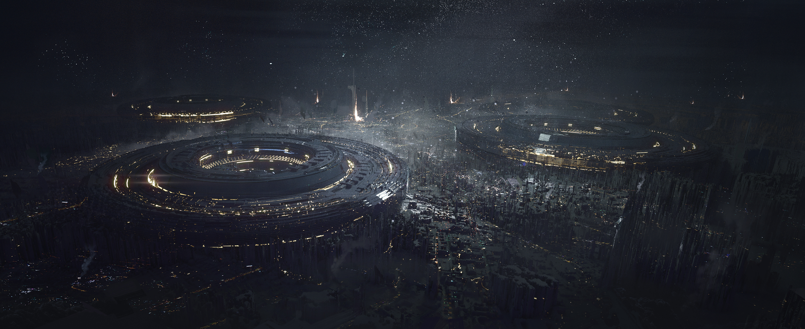 Sci-Fi Cityscape with Ring Structures at Night HD Wallpaper