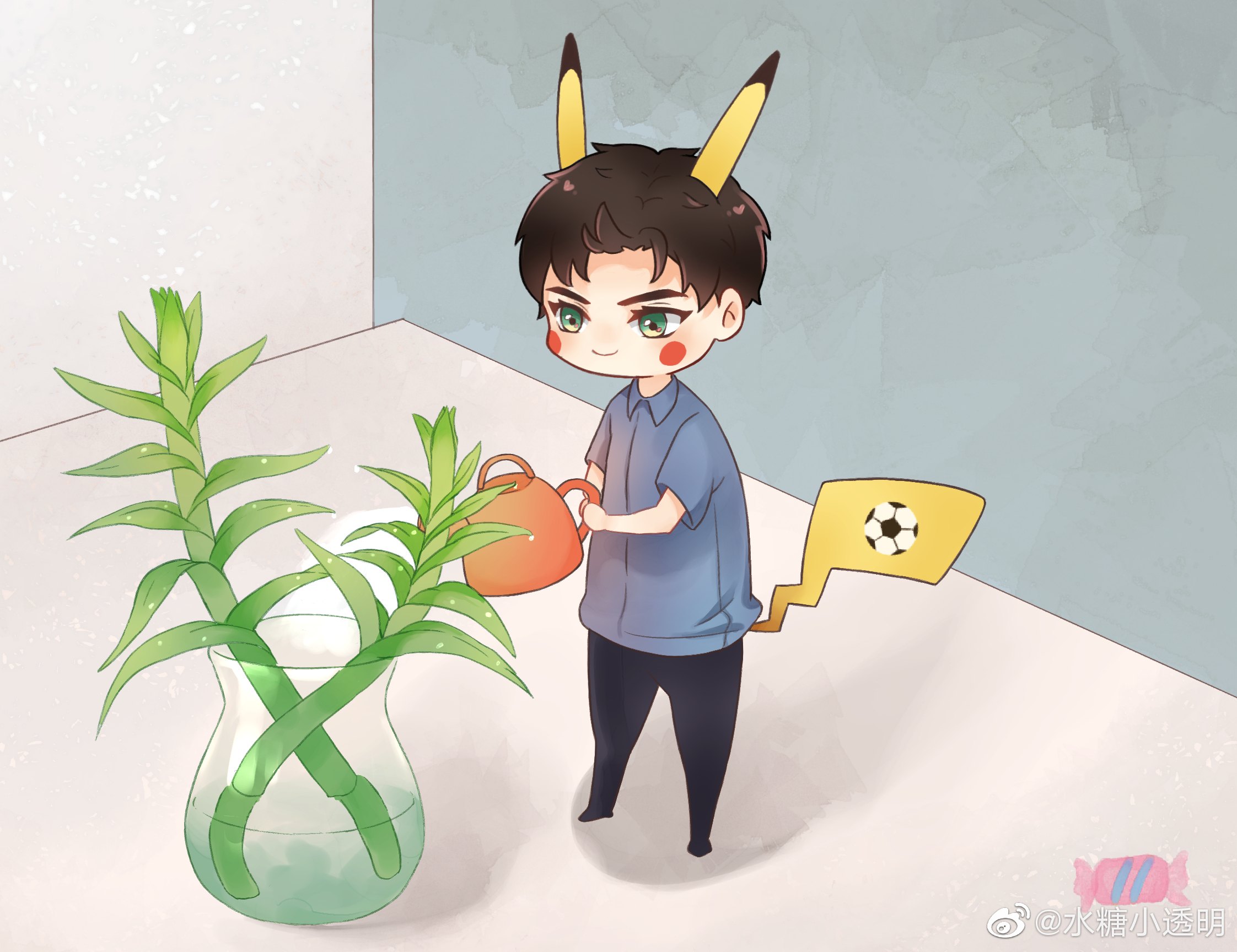 Chibi character with Pikachu ears watering plants HD Wallpaper
