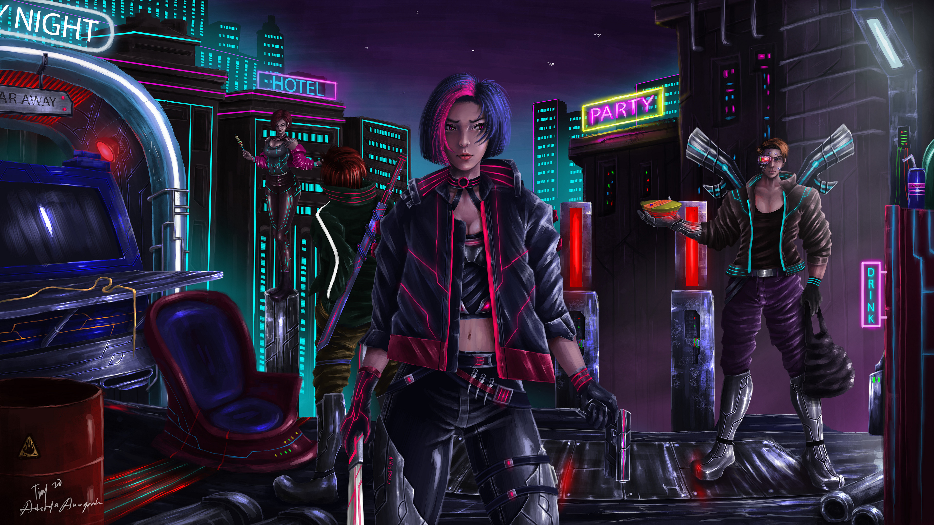 Cyberpunk City Night with People HD Wallpaper