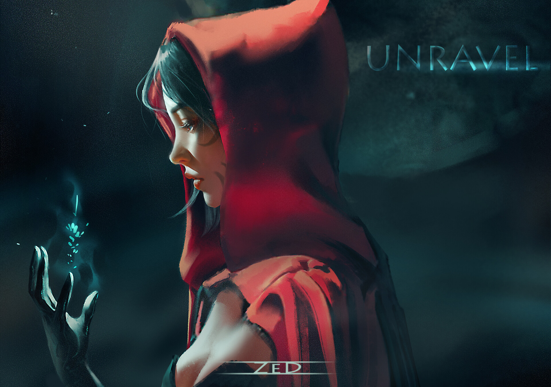 Woman in red hood holding glowing plant HD Wallpaper