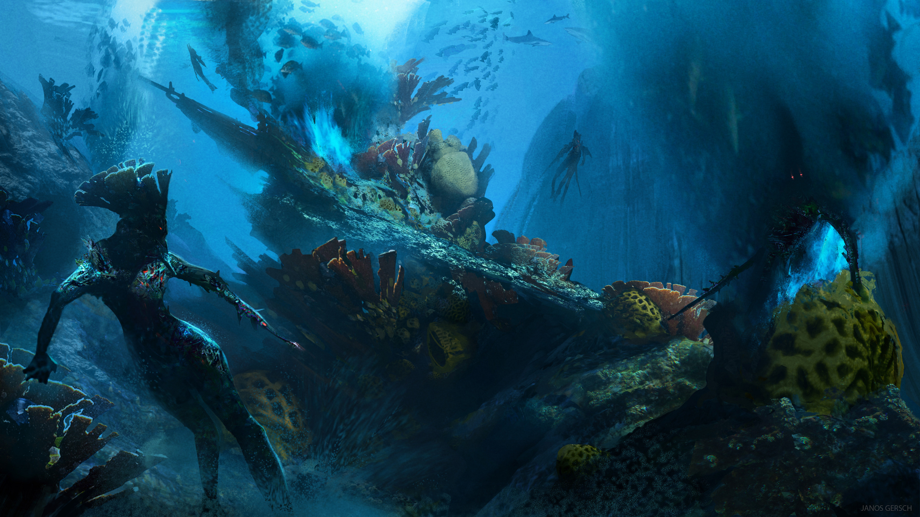 Fantasy underwater scene with creatures and coral HD Wallpaper