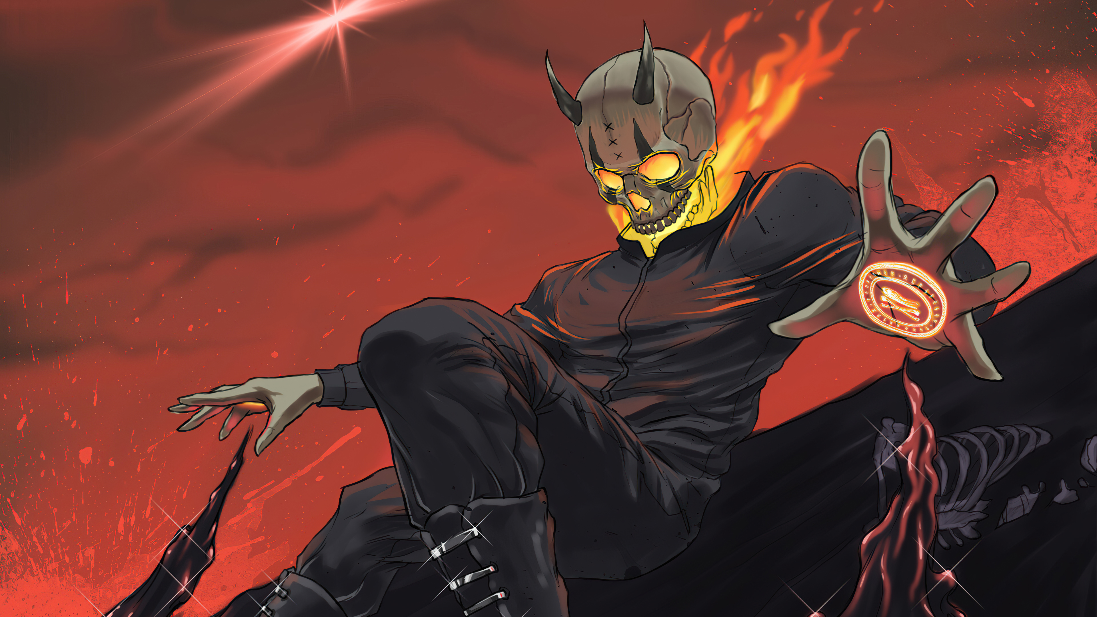 Dark Skull with Horns and Flames 4K HD Wallpaper