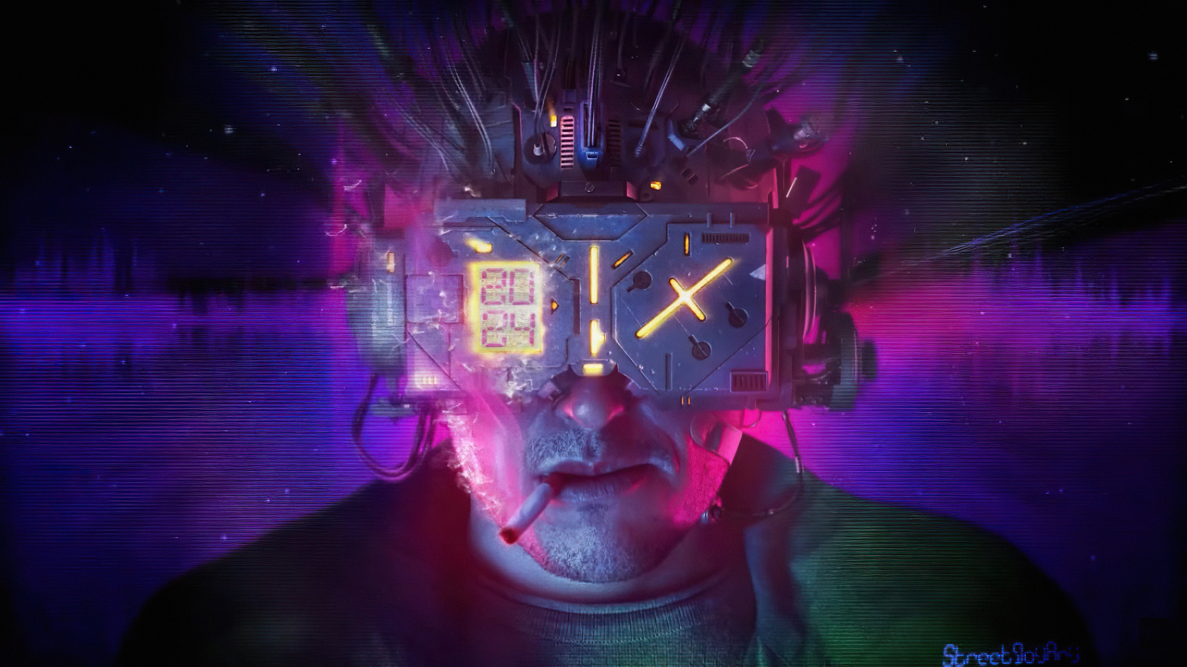 Man with Futuristic Cyberpunk VR Headset Smoking HD Wallpaper