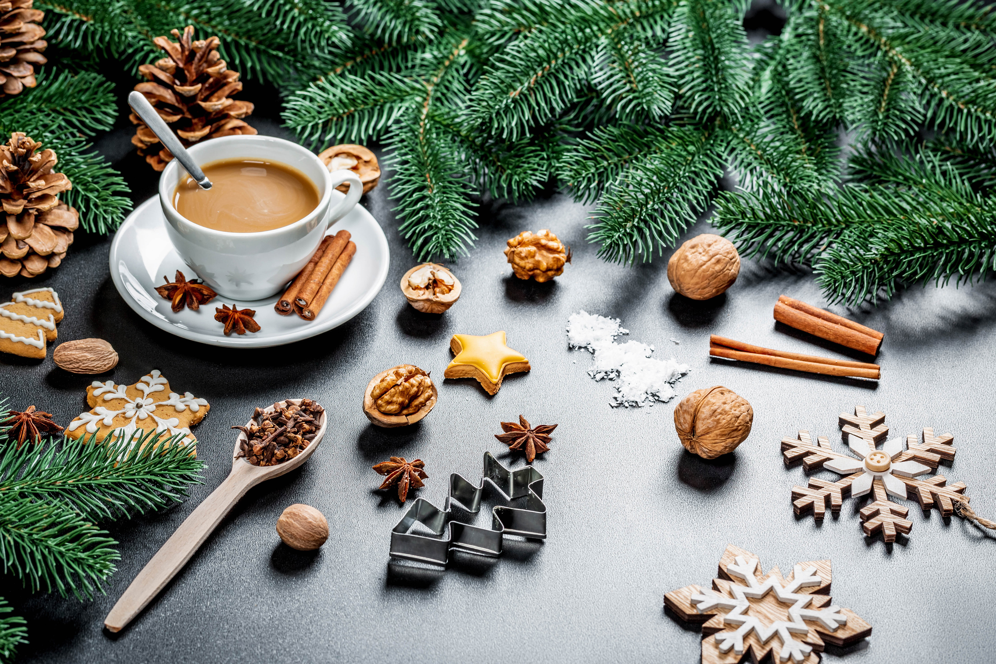 Christmas still life with coffee and cookies HD Wallpaper