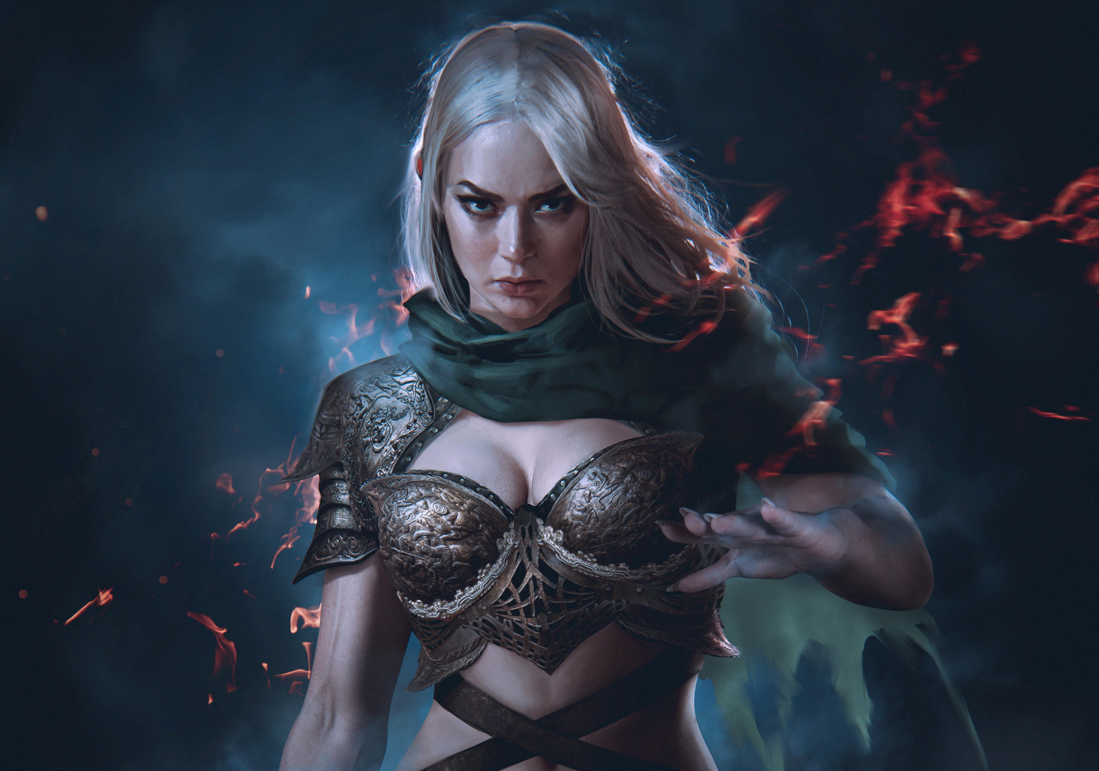 Fantasy Woman Warrior with Fire HD Wallpaper